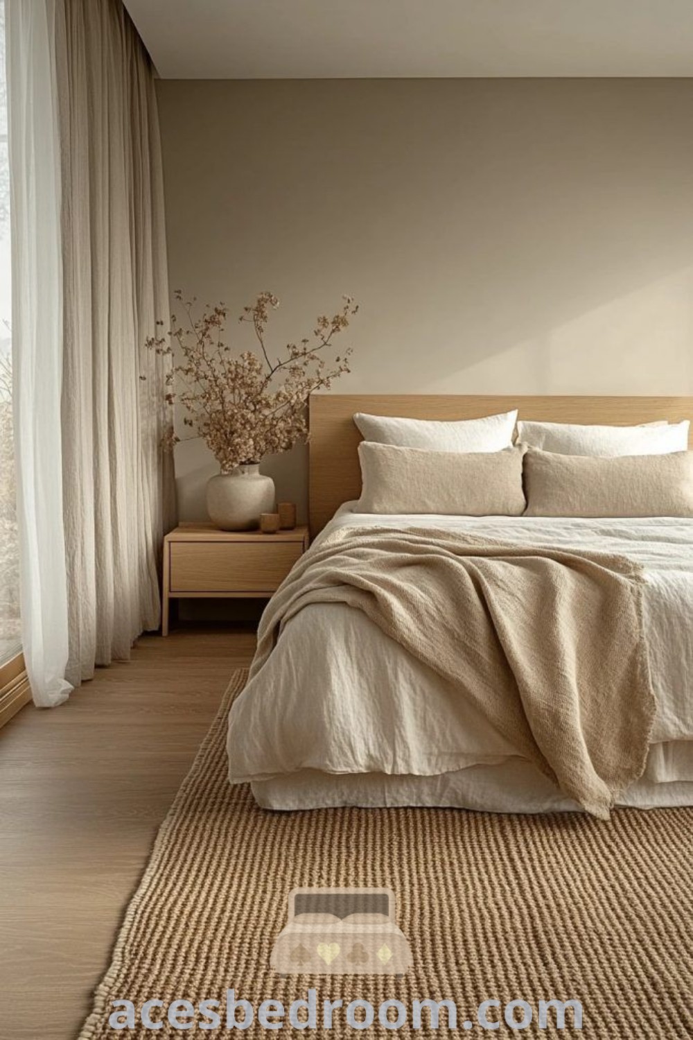 A cozy minimalist bedroom featuring a large bed by a window with white curtains and wooden floors. This serene space highlights a beige color palette and stylish decor ideas for your home, showcasing unique inspirations and design tips for creating a cozy aesthetic. Discover more at acesbedroom.com.
