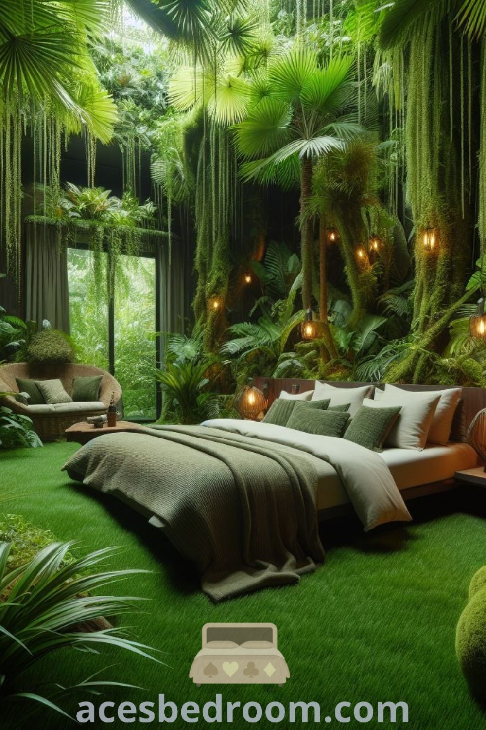 A cozy jungle bedroom with abundant lush green plants, candlelight ambiance, and rainforest wallpaper, showcasing unique ideas for a tranquil home. This inspiring rainforest theme interior design promotes relaxation and offers stylish decor ideas that enhance the comforting atmosphere. Explore more on acesbedroom.com.
