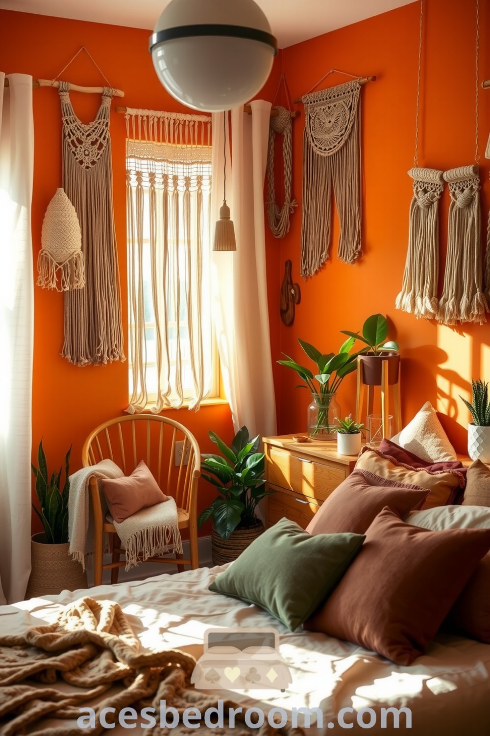 Cozy bohemian bedroom featuring warm orange walls, macramé wall hangings, a plush rattan chair, an unmade bed with earthy cushions, and potted plants, creating a serene atmosphere for relaxation, as showcased on acesbedroom.com.