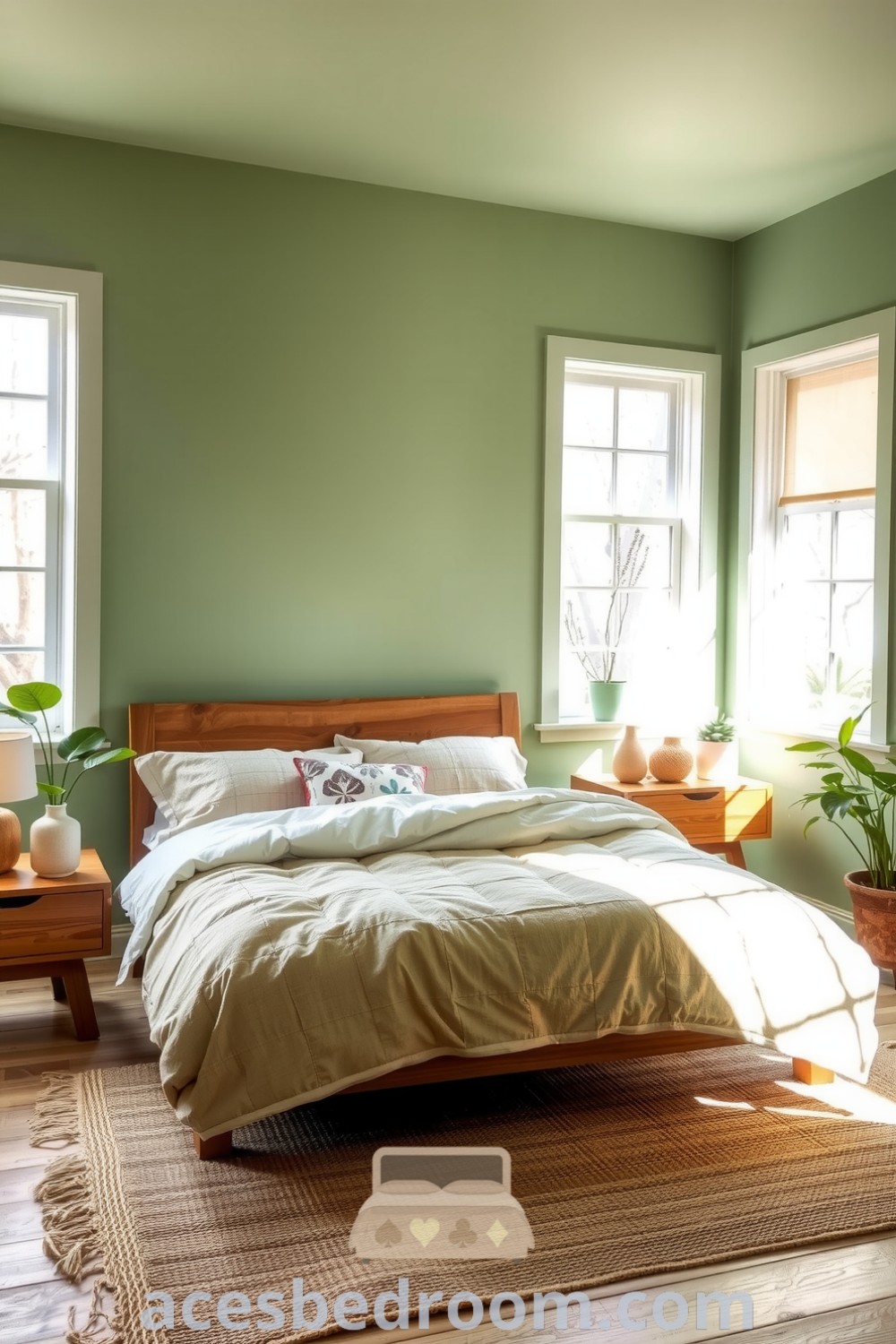 Cozy nature bedroom featuring soft green hues, natural wood accents, potted plants, and an earthy linen duvet, ideal for creating a tranquil retreat, highlighted on acesbedroom.com.