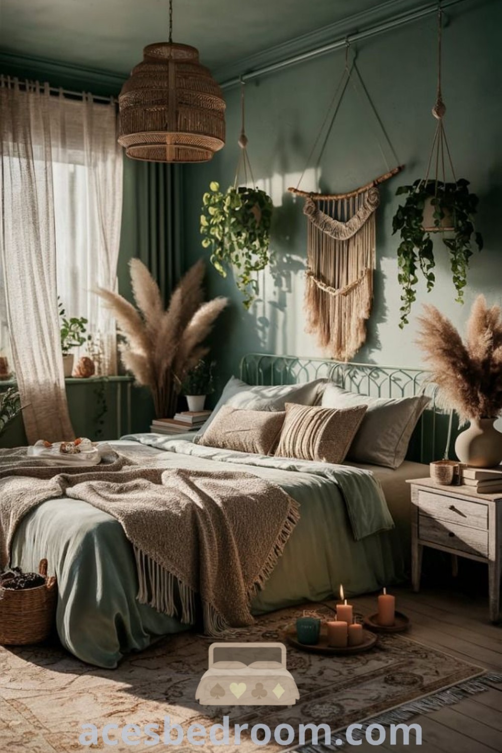 A cozy bedroom showcasing a green accent wall with plenty of plants, creating a serene boho aesthetic. The room features sage green bedding and inspiring decor ideas for a warm and sophisticated look. Explore more unique design ideas for your home at acesbedroom.com.