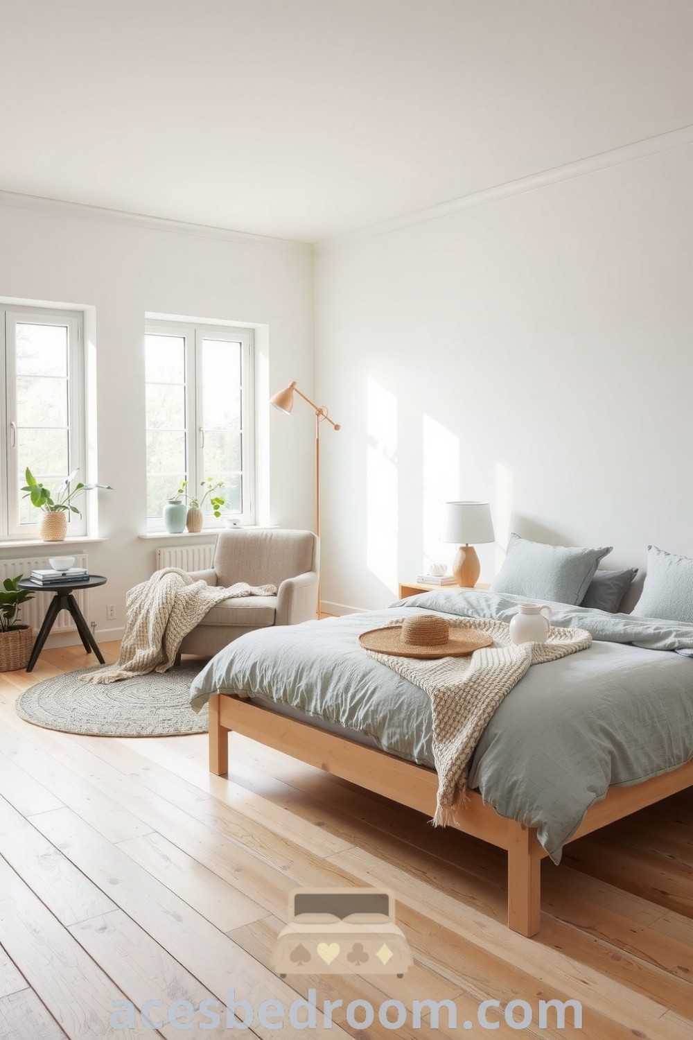 Cozy Scandinavian bedroom featuring soft white walls, natural wood furniture, layered gray and beige bedding, a cozy armchair with a knit blanket, large windows for natural light, and potted plants, perfect for a warm and sophisticated look, as seen on acesbedroom.com.