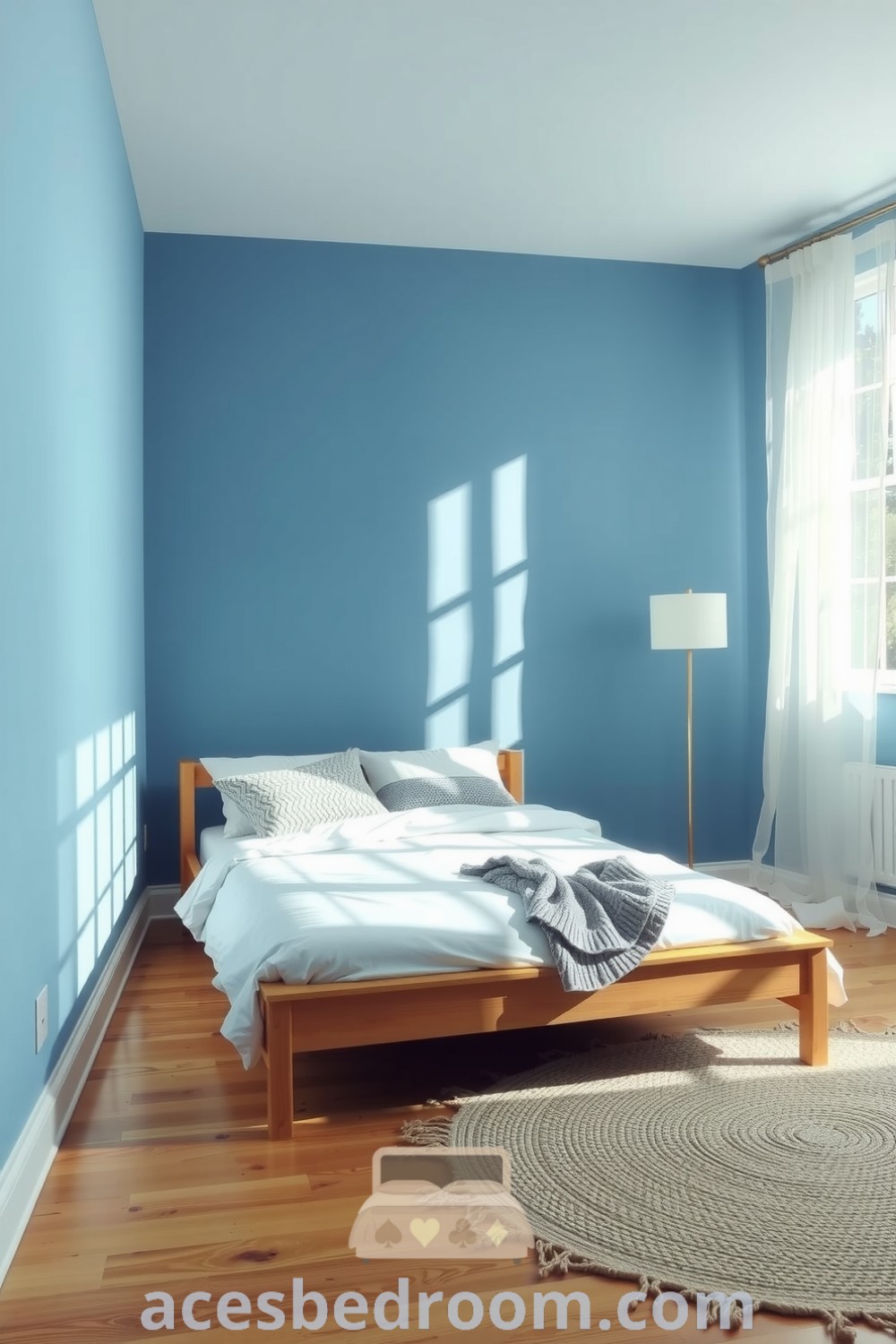 Minimalist blue bedroom featuring light timber bed frame, white duvet, textured pillows, sheer curtains, and a woven rug, creating a serene atmosphere perfect for relaxation, showcased on acesbedroom.com.