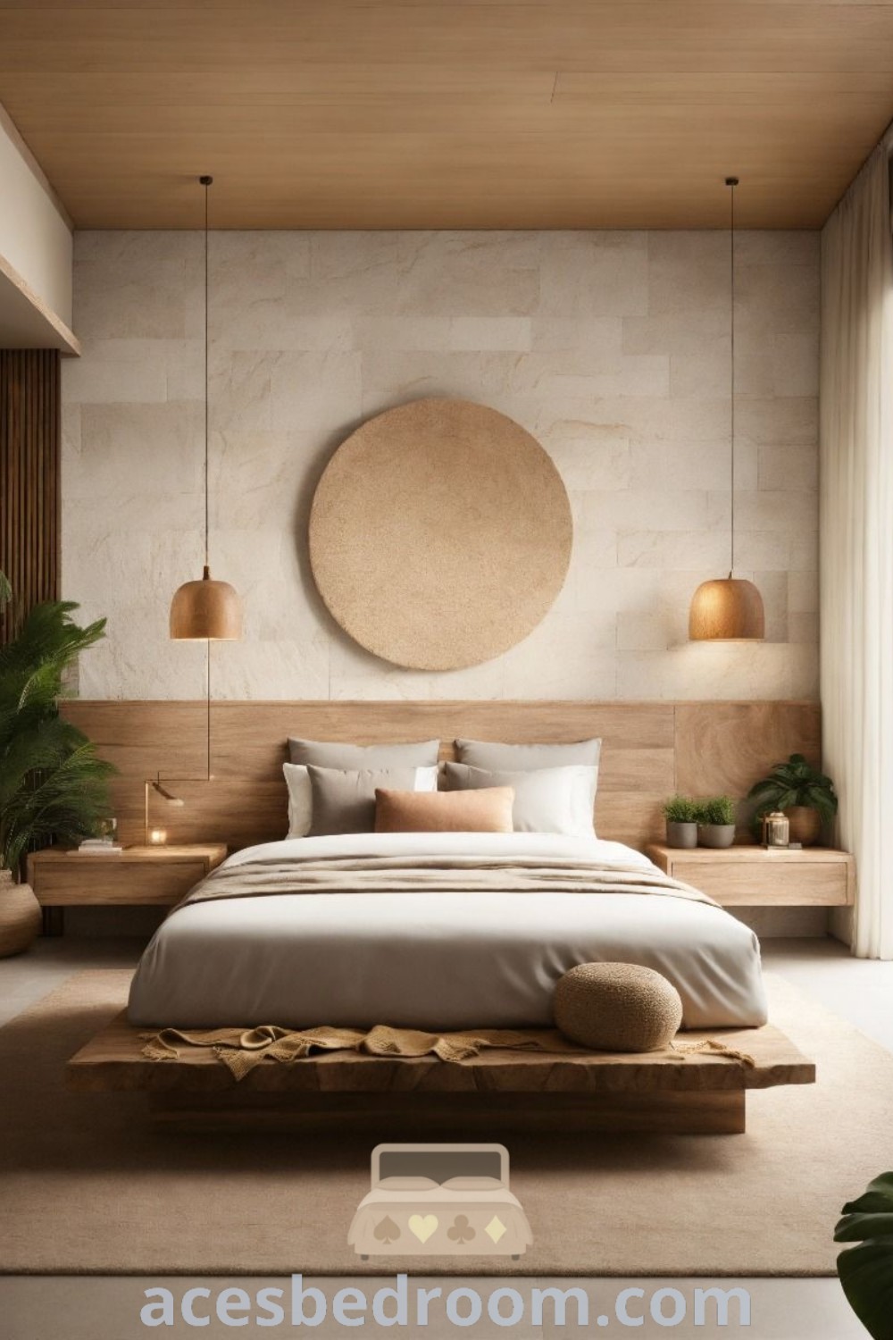 A cozy bedroom with a large bed beside a tall window, featuring plants on the sill. This space offers trendy decor ideas like aesthetic wall paint and Japandi bedroom style, providing a warm and inspiring setting. Discover more at acesbedroom.com.