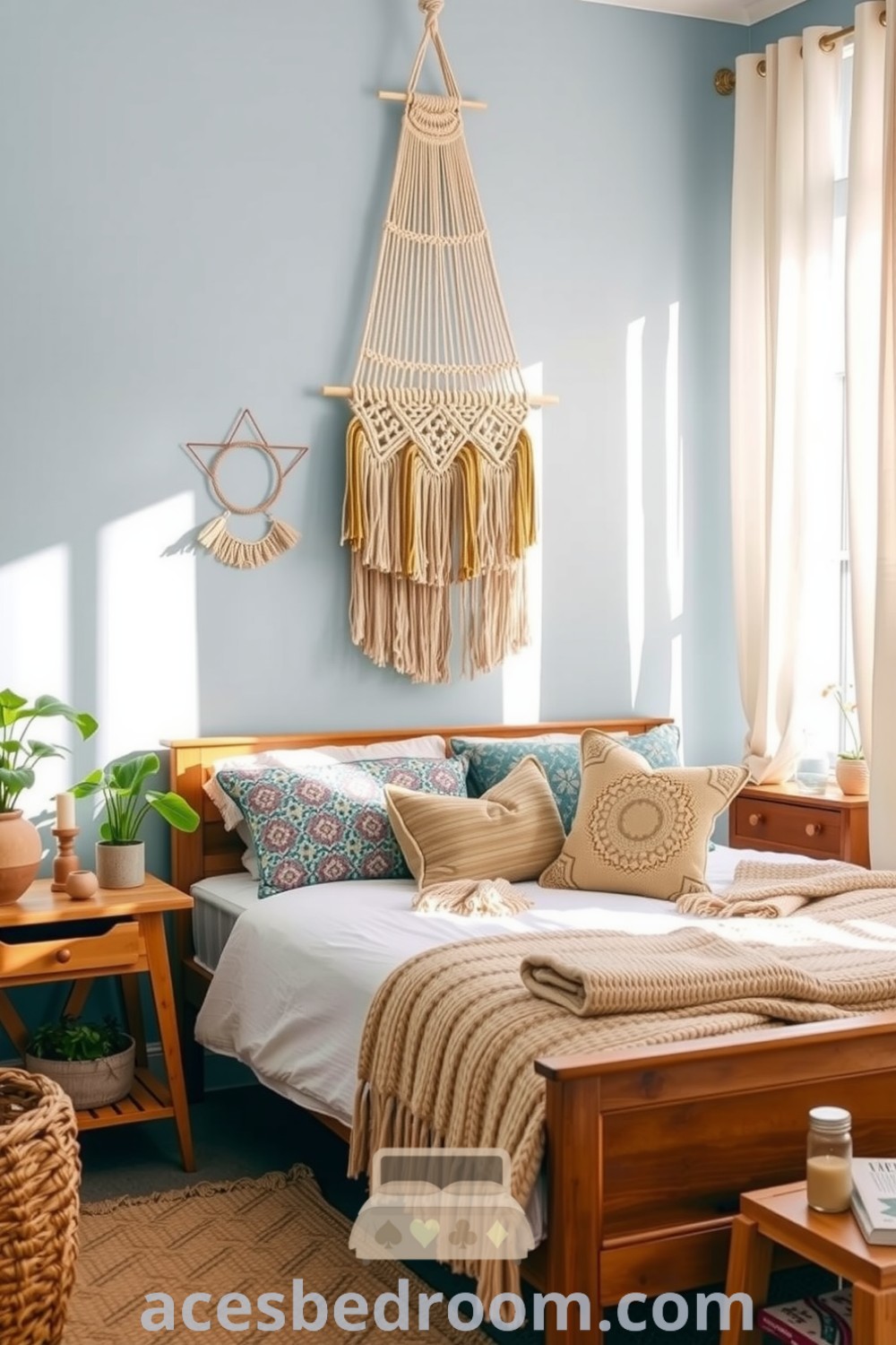 Cozy boho bedroom featuring calming blue walls, a handwoven macramé above the bed, an assortment of patterned pillows, weathered wooden furniture, and soft light filtering through sheer curtains, for a warm and sophisticated look, showcased on acesbedroom.com.
