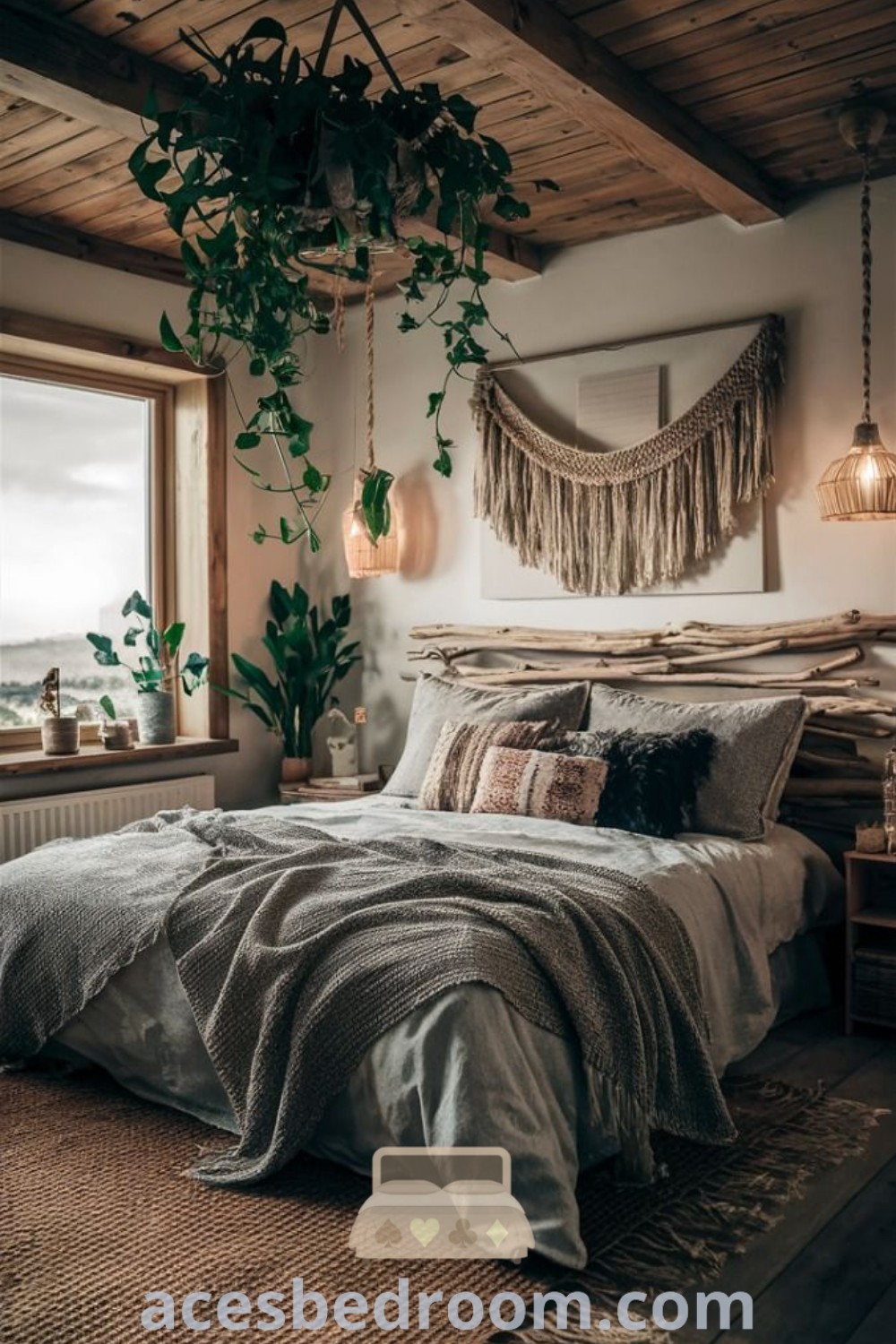 A cozy bedroom featuring a large bed with a driftwood headboard, hanging plants from the ceiling, and a soft rug, showcasing boho coastal and beach bedroom decor ideas. This stylish setup promotes a warm and sophisticated look, providing inspiration for designing a unique and inviting space. Discover more ideas for your home at acesbedroom.com.
