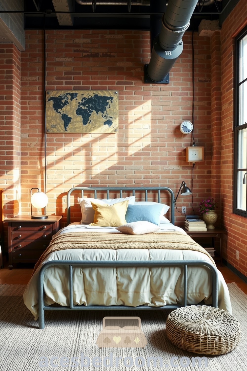 Cozy industrial bedroom featuring exposed brick walls, metal accents, an unpolished steel bed frame, and vintage furniture for a warm and inviting atmosphere, illuminated by natural light, presented on acesbedroom.com.