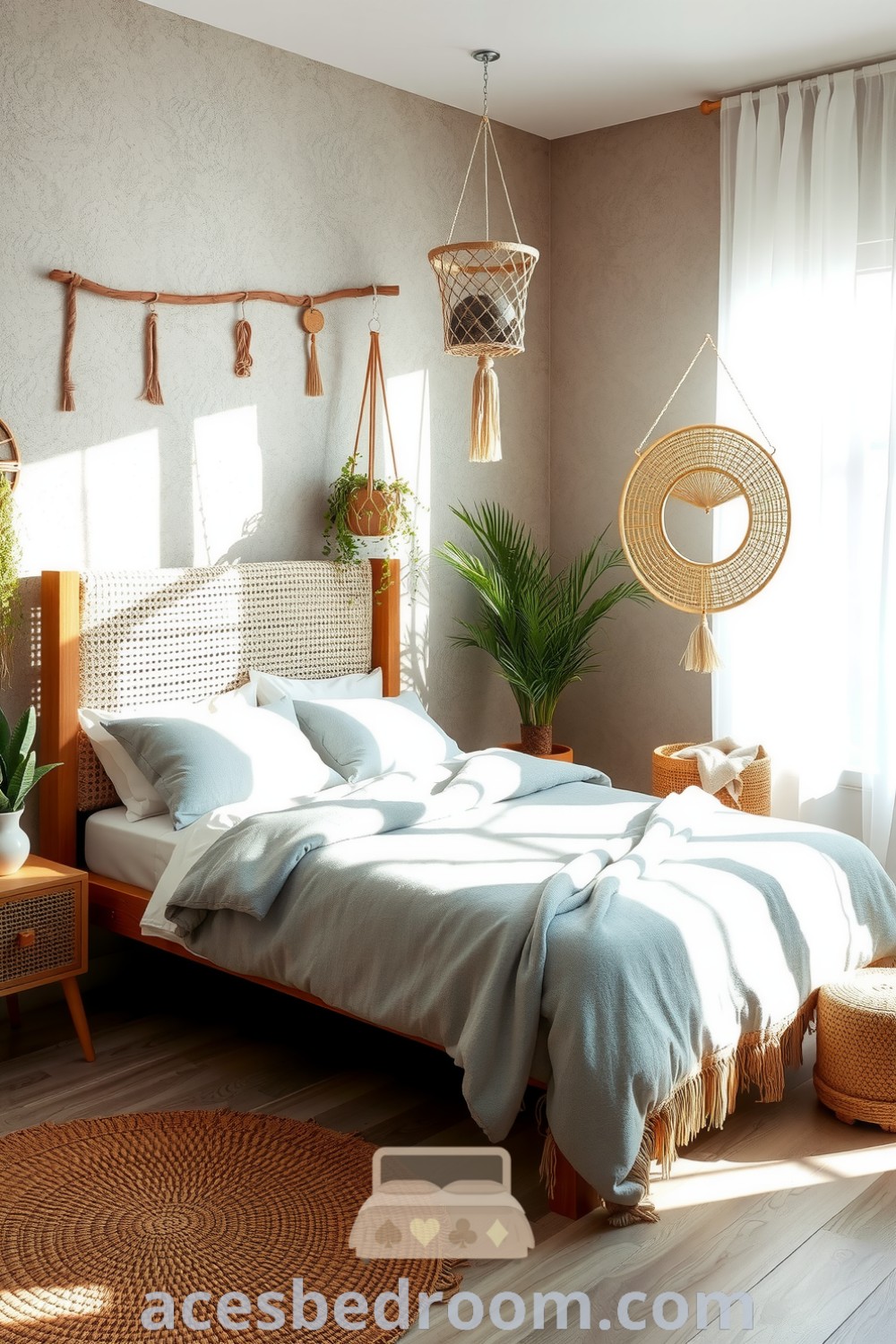 Cozy boho bedroom featuring textured walls in soft stone tones, a light grey woven bedspread, rattan and macramé accents, and gentle sunlight filtering through sheer curtains, creating a tranquil vibe, showcased on acesbedroom.com.