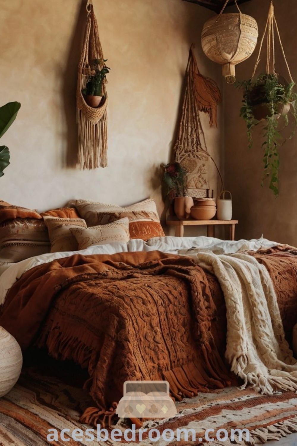 A cozy earthy orange bedroom featuring a large bed by a window with potted plants, showcasing boho burnt orange bedding and rustic decor ideas. Enhance your space with brown walls for a warm and sophisticated look. Discover more stylish inspirations for your home at acesbedroom.com.