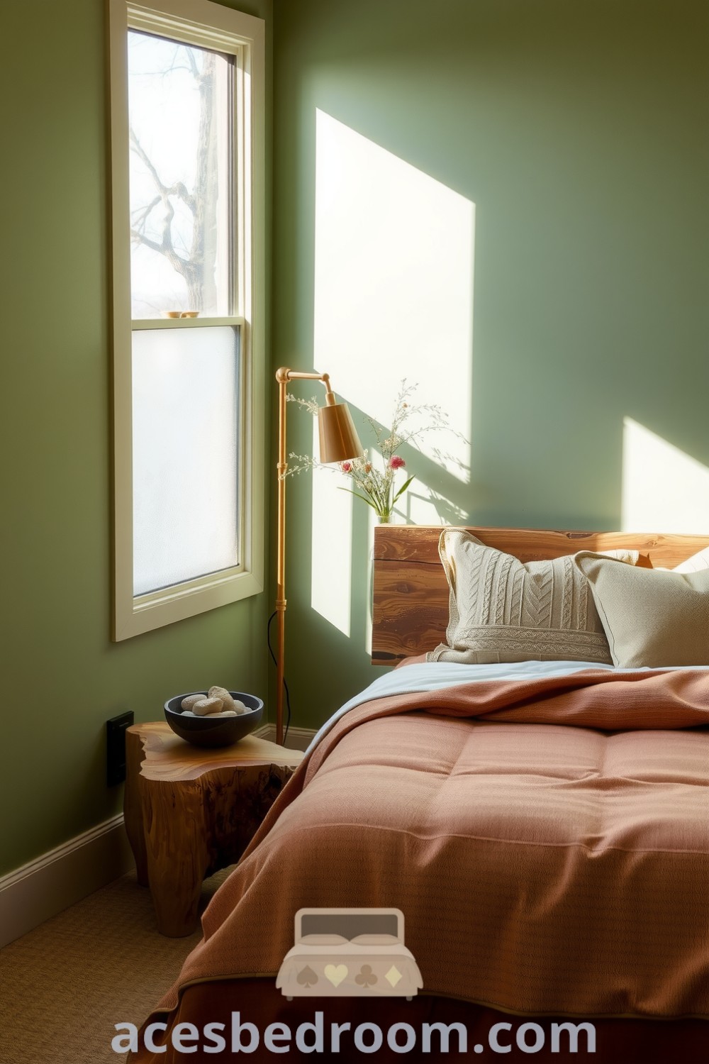 Cozy nature-inspired bedroom featuring calming greens and browns, reclaimed wooden furniture, natural fiber bedding, smooth stones, and wildflowers for a serene ambiance, providing design ideas for a warm and sophisticated look, available on acesbedroom.com.