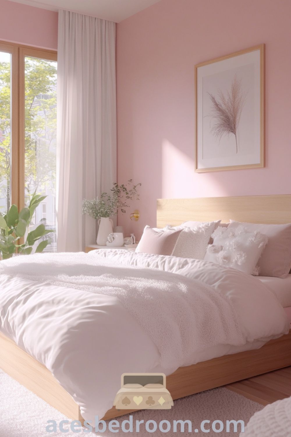 Cozy Scandinavian bedroom featuring soft pink walls, natural wood furniture, a cozy bed with white duvet and pastel pillows, large windows, woven textiles, and ceramic decor, designed for a warm and sophisticated look, showcased on acesbedroom.com.