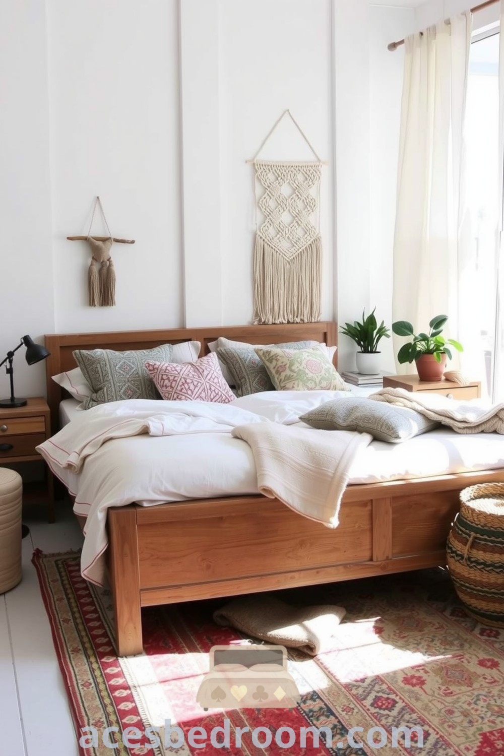 Cozy boho bedroom featuring a wooden bed frame with neutral-toned duvet, patterned throw pillows, vintage woven rug, macramé wall hanging, and potted plants for an inviting atmosphere, showcased on acesbedroom.com.