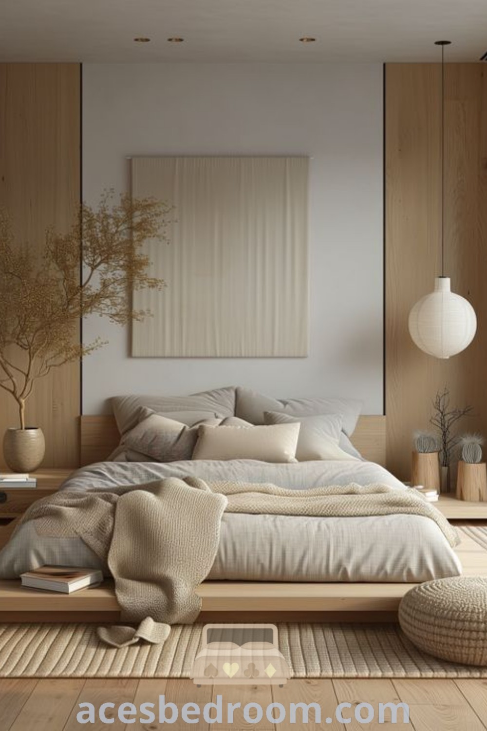 A large bed on a wooden floor next to a tall white wall in a modern Japandi minimalist bedroom, showcasing design ideas that combine Japanese style and modern decor inspirations for a cozy and serene aesthetic. Explore more stylish decor ideas at acesbedroom.com.