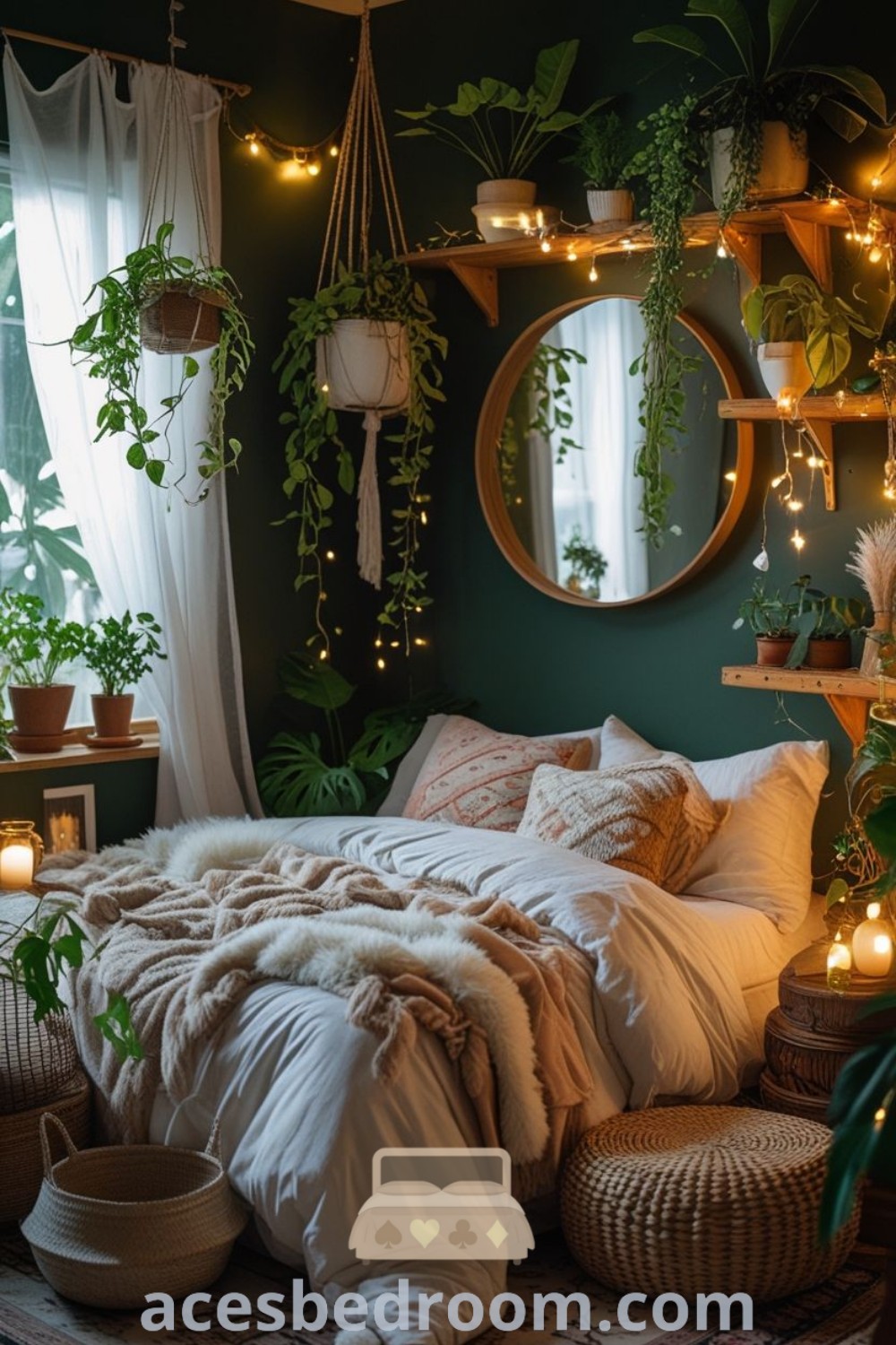 A cozy bedroom filled with plants and warm lights, showcasing green bedding and a vintage earthy aesthetic. This biophilic bedroom design features elements of cottage core and Hawaiian styles, offering unique ideas and decor inspirations for a stylish, inviting atmosphere. Explore more decor ideas at acesbedroom.com.