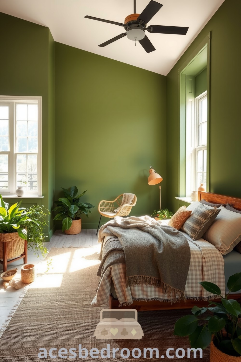 Cozy nature-inspired bedroom featuring soft green walls, a reclaimed timber bed frame, textured blankets, a reading nook with a wicker chair, and potted plants, creating a serene and inviting atmosphere, showcased on acesbedroom.com.