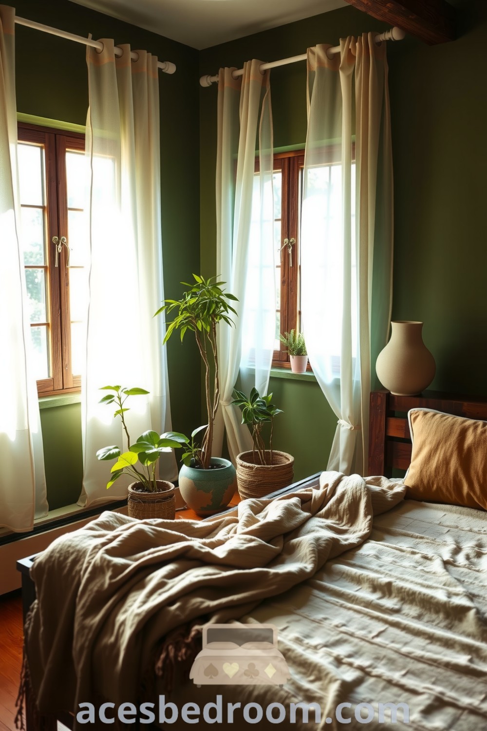 Cozy nature-inspired bedroom featuring earthy green walls, a wooden bed frame with natural fiber blankets, potted plants, sheer curtains, and a handmade ceramic lamp for a serene atmosphere, showcased on acesbedroom.com.