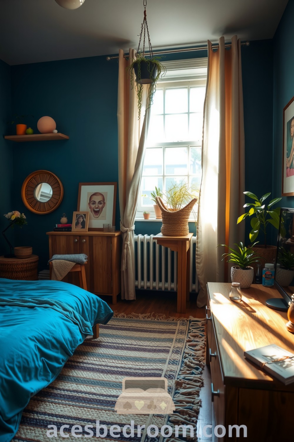 Cozy boho bedroom featuring blue tones, wooden furniture, a plush woven rug, fluttering linen curtains, and eclectic artwork, designed for inspiring ideas that create a warm and sophisticated look, showcased on acesbedroom.com.