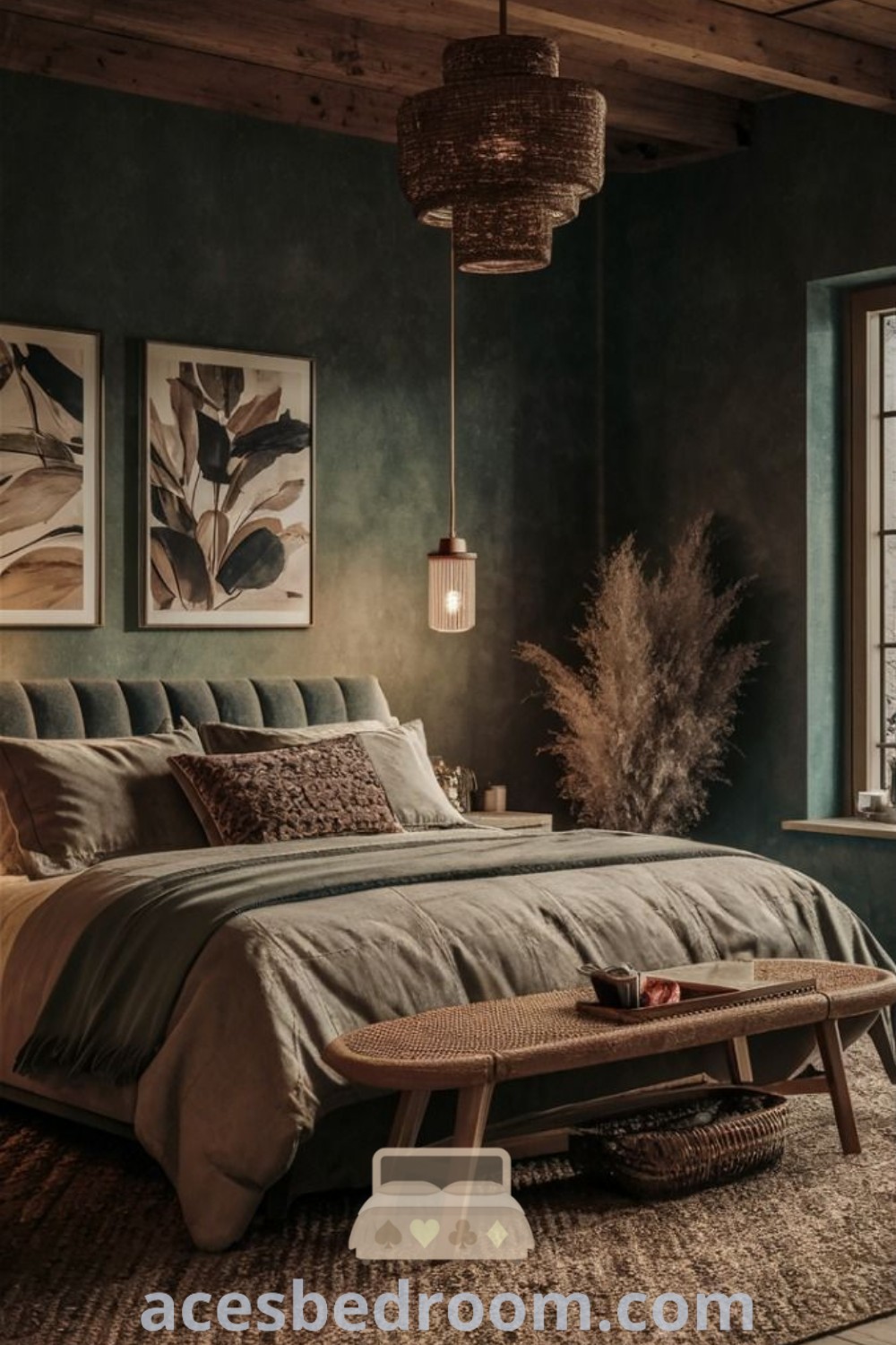 A large, light-filled bedroom with a comfy bed next to a window, showcasing cozy decor ideas and a refreshing color scheme. This inspiring bedroom design offers unique ideas for achieving a warm aesthetic, perfect for master bedrooms. Discover more stylish decor inspirations at acesbedroom.com.