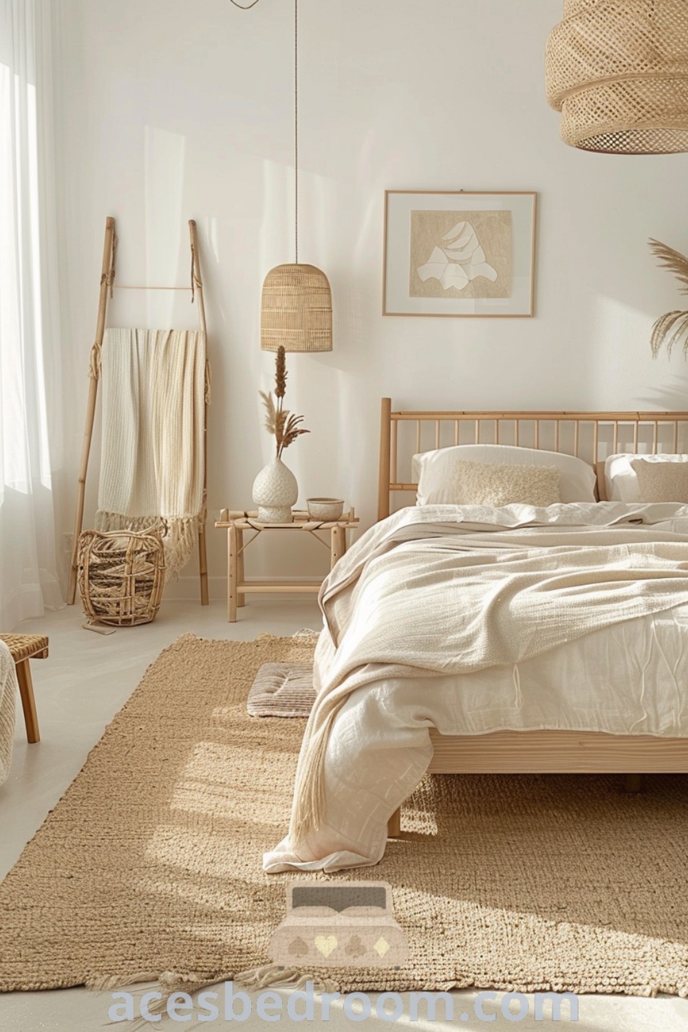 A minimalist Scandinavian bedroom featuring a cozy bed, stylish lamp, and artful pictures on the wall, showcasing inspiring Japandi room ideas and stylish decor inspirations for your home. Discover more unique decor ideas at acesbedroom.com.