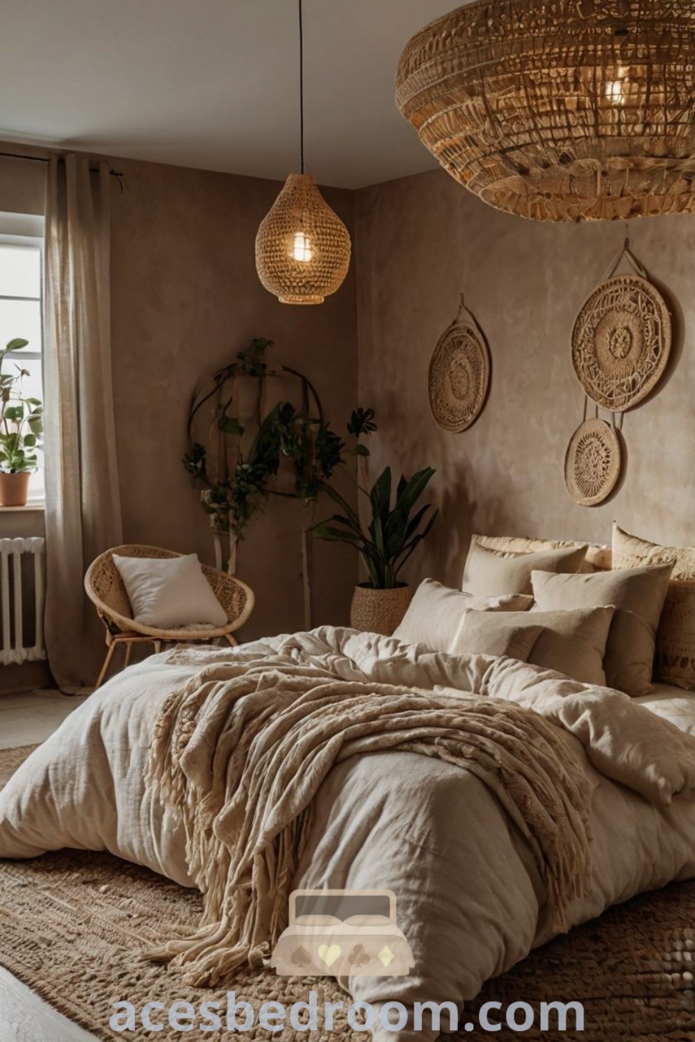 A cozy bohemian bedroom showcasing a large bed, two hanging plants, and wicker baskets, creating an inviting atmosphere. This stylish space offers cozy ideas and unique design inspirations for small rooms, highlighting boho decor trends and ideas for your home at acesbedroom.com.