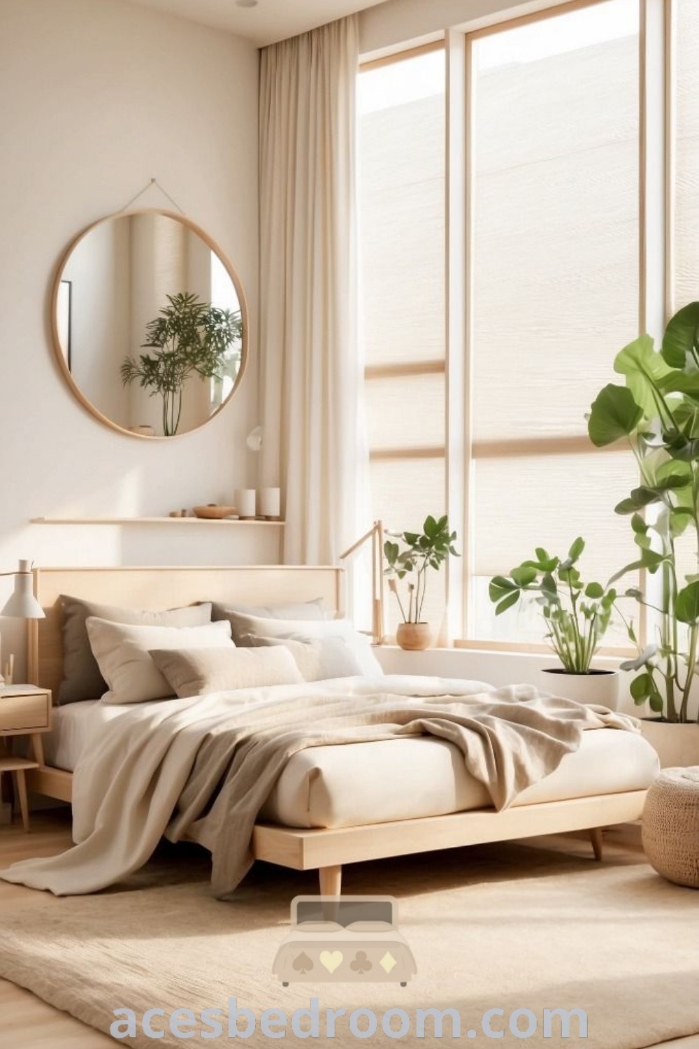 A cozy bedroom featuring a bed, mirror, and potted plants in a Japandi style, showcasing light wood accents and Scandinavian design trends. This inviting space highlights decor ideas for a warm and sophisticated look, perfect for creating a restful atmosphere. Find more inspirations at acesbedroom.com.