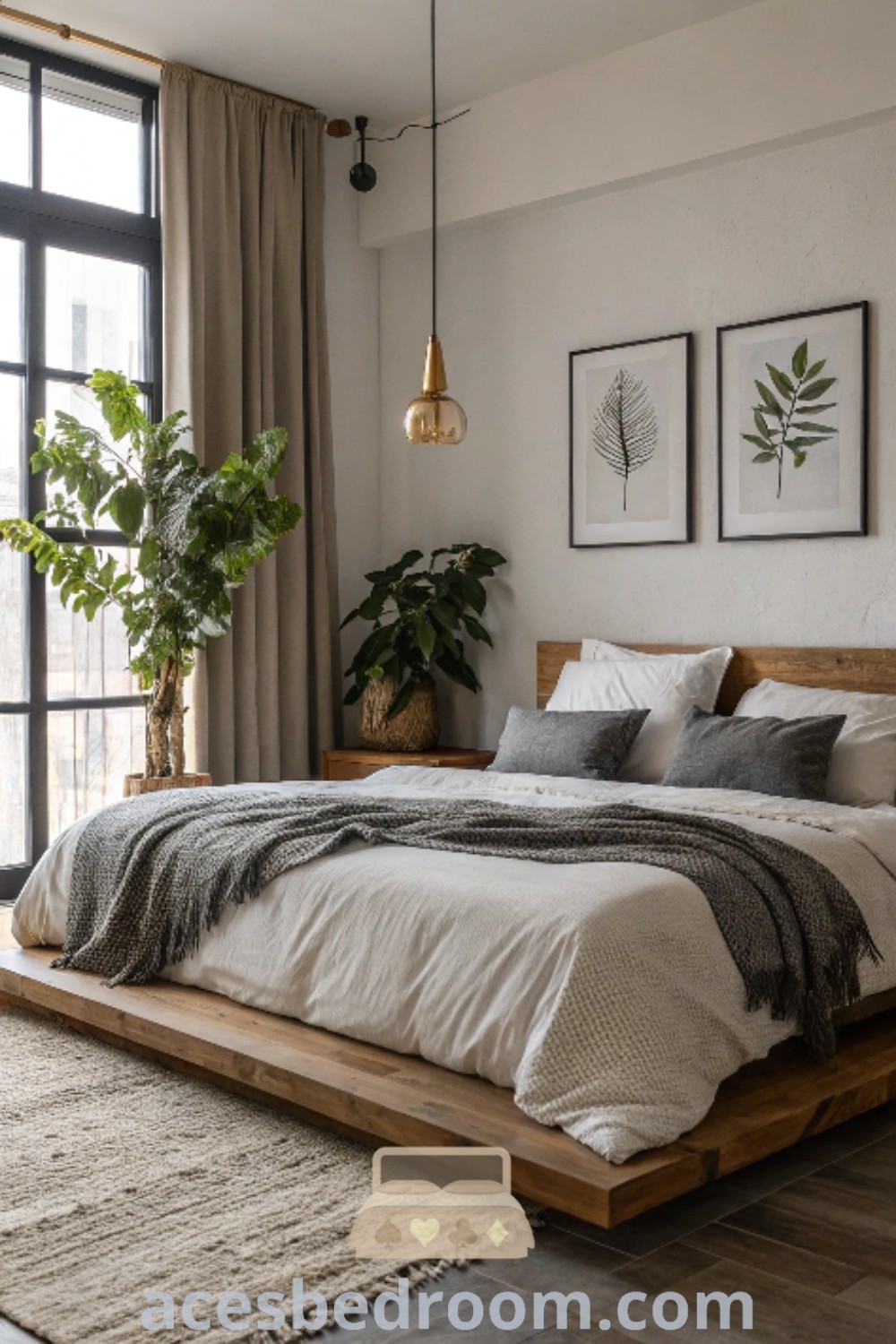 A light wood minimalist bedroom featuring a large bed and lush plants on the window sill, showcasing refreshing rustic and modern decor ideas. This cozy aesthetic offers unique inspirations for a tranquil and sophisticated space. Discover more stylish ideas for your home at acesbedroom.com.