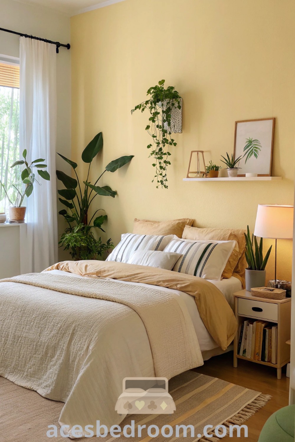 A cozy bedroom with dark wood furniture and light yellow walls, complemented by plants on the wall, showcasing inspiring bedroom decor ideas. This scene offers ideas for a warm and sophisticated look, highlighting stylish and trendy designs while promoting a serene environment. Explore more at acesbedroom.com.