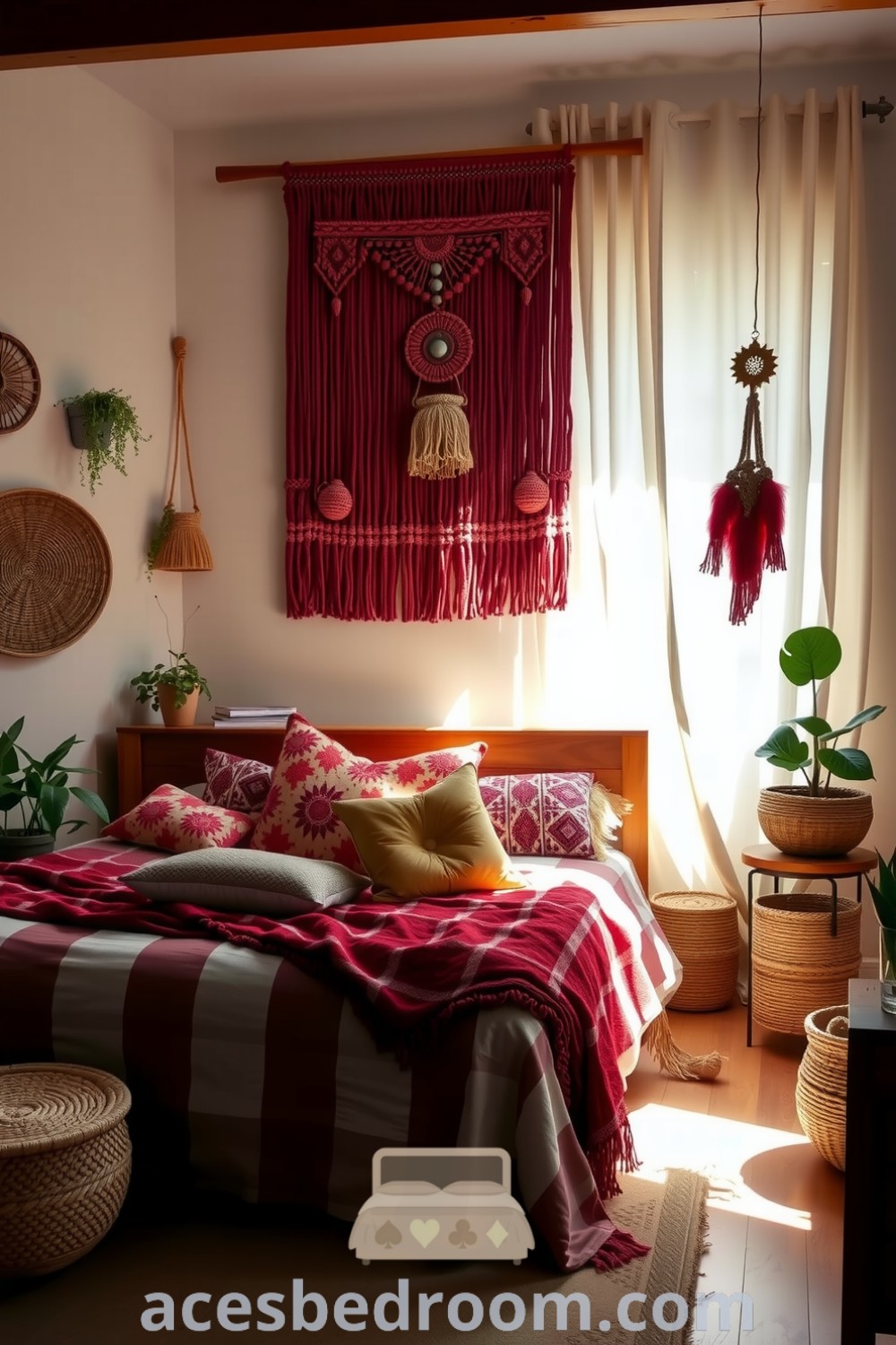 Cozy boho bedroom featuring deep red accents, macramé wall hanging, wooden bed frame with patterned quilts and pillows, woven baskets, potted plants, and sheer curtains, emphasizing cozy design ideas and inspirations for a warm and sophisticated look, showcased on acesbedroom.com.