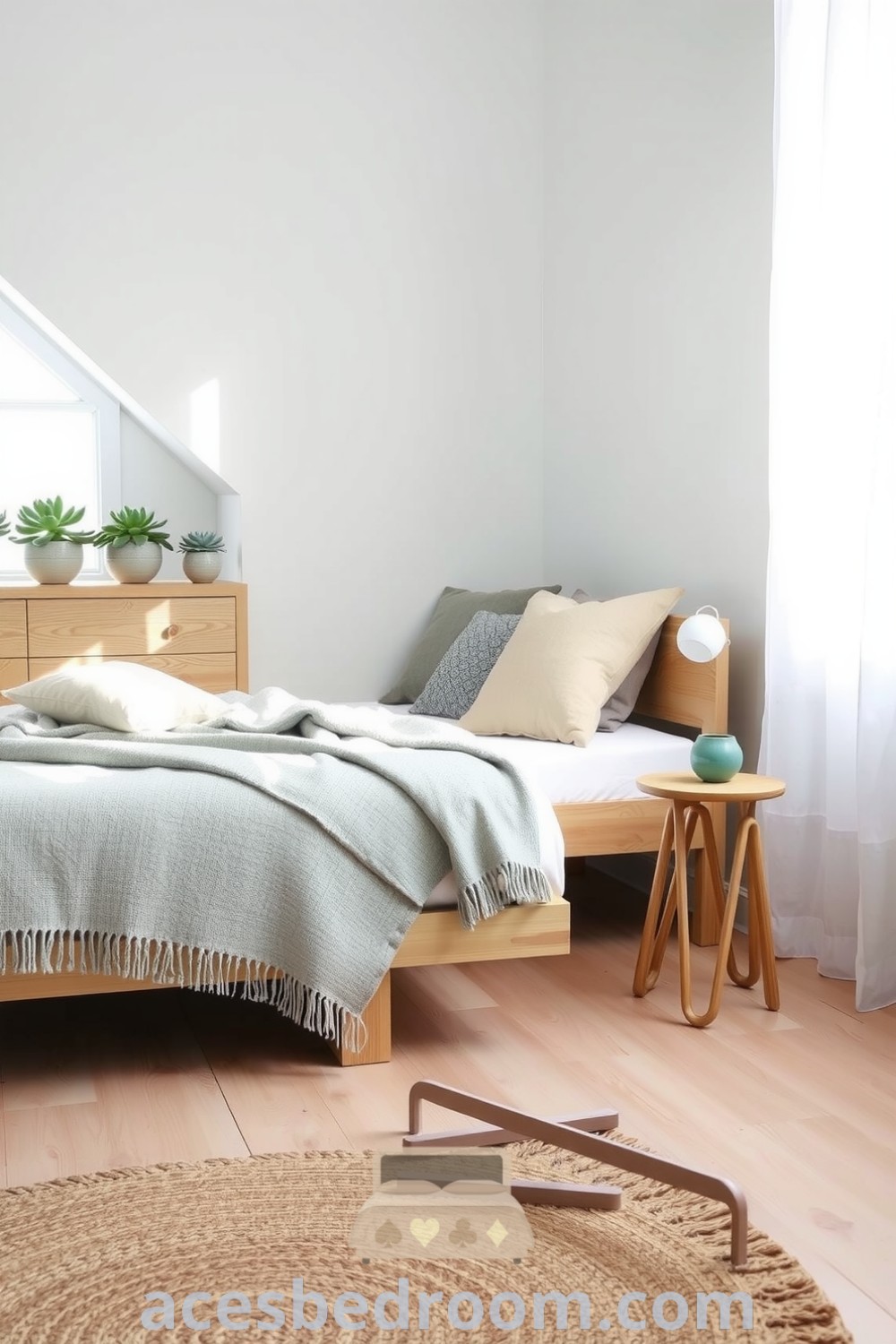 Cozy Scandinavian bedroom featuring light wood flooring, whitewashed walls, a sleek oak bed with plush pillows, functional furniture, and succulents on the window sill, designed for a warm and sophisticated look, showcased on acesbedroom.com.