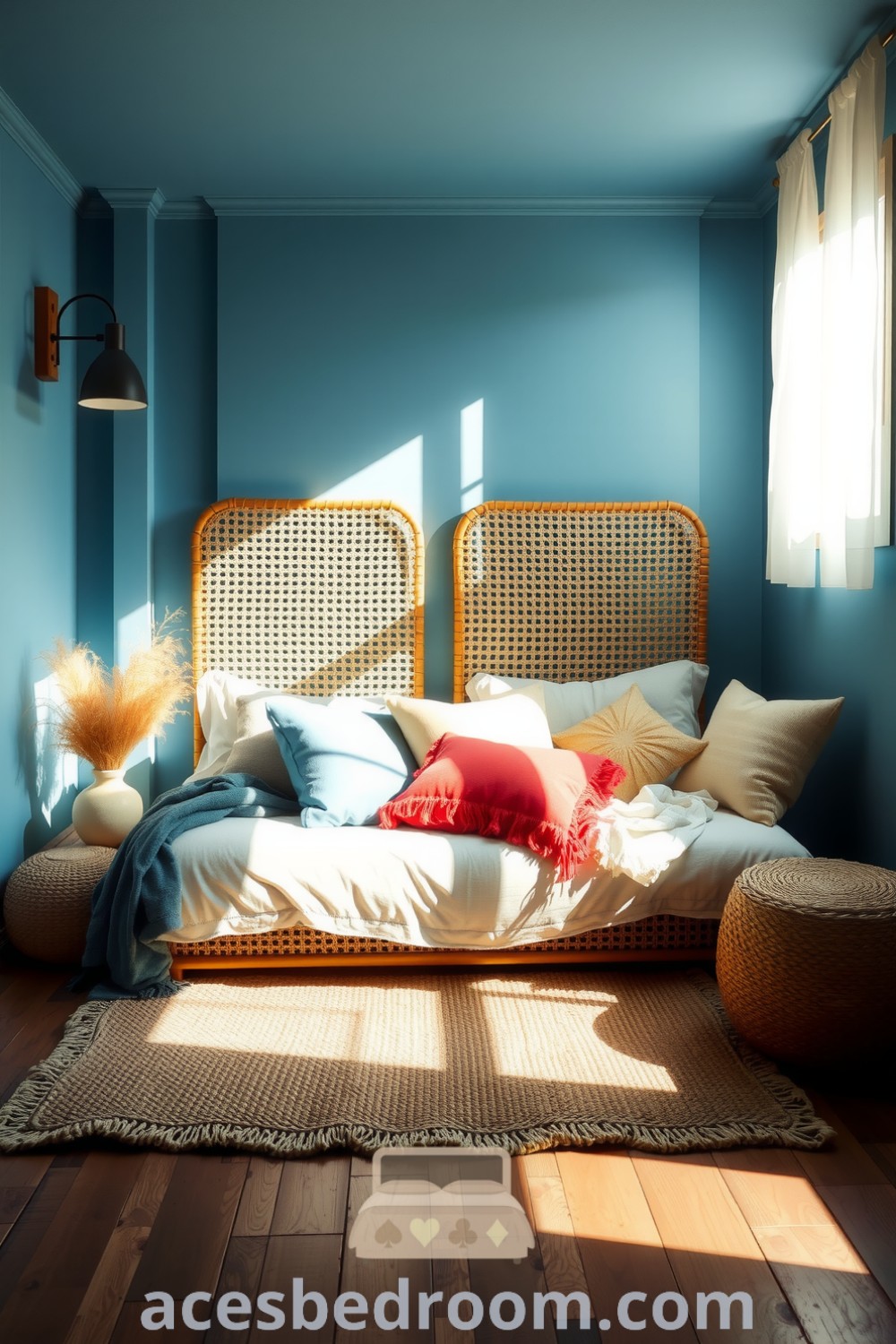 Cozy boho bedroom featuring soothing blue walls, a low-profile bed with a textured rattan headboard, layered textiles, bright throw pillows, and a woven jute rug, designed for a warm and inviting atmosphere, featured on acesbedroom.com.
