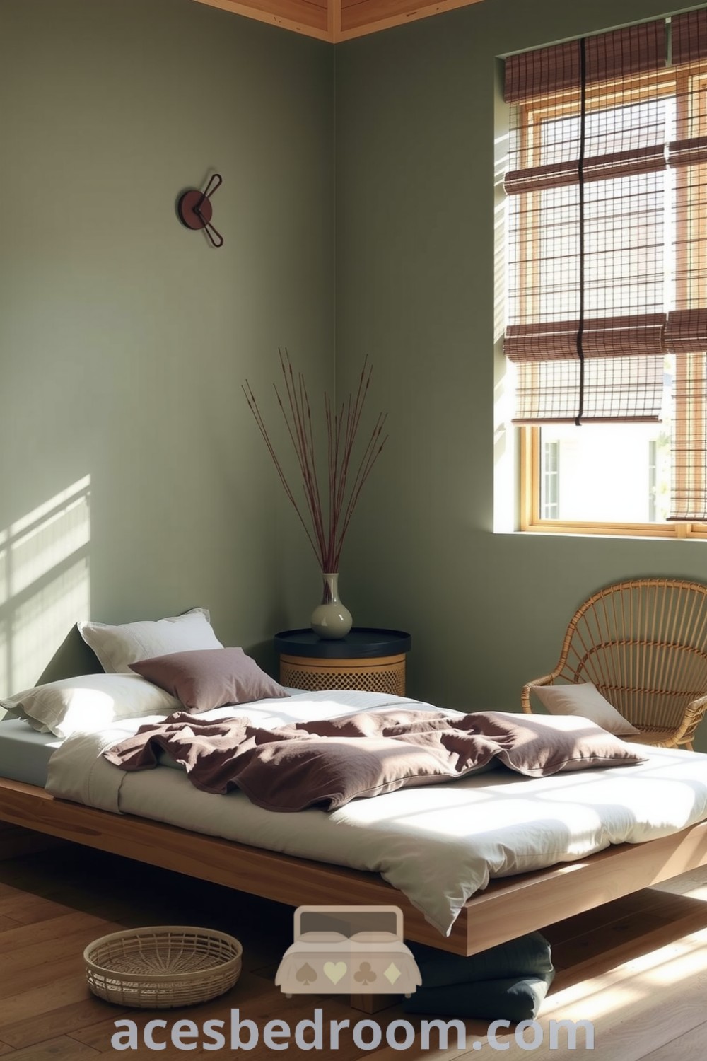 Cozy Japandi bedroom featuring soft green walls, a low wooden bed frame, layered muted bedding, and a woven rattan chair, complemented by bamboo blinds, creating a serene atmosphere and tranquility, showcased on acesbedroom.com.