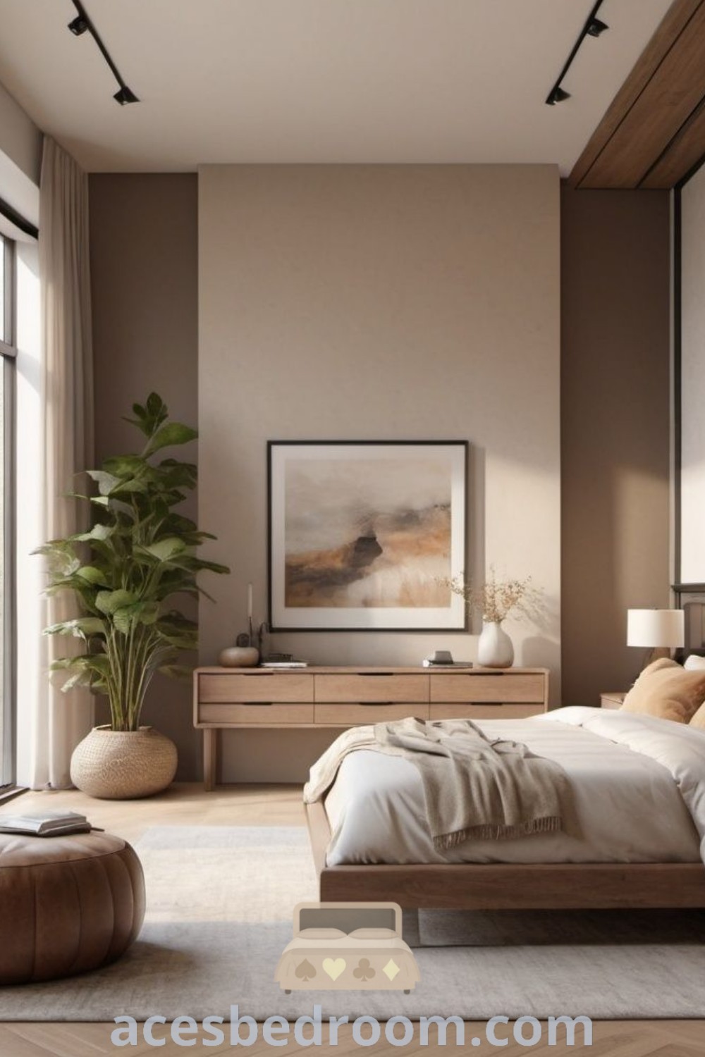 A luxurious earthy bedroom featuring large windows, Scandinavian and minimalist design elements, and moody organic decor ideas. This cozy space is filled with inspiring design inspirations and unique ideas for a warm and sophisticated look. Discover more at acesbedroom.com.