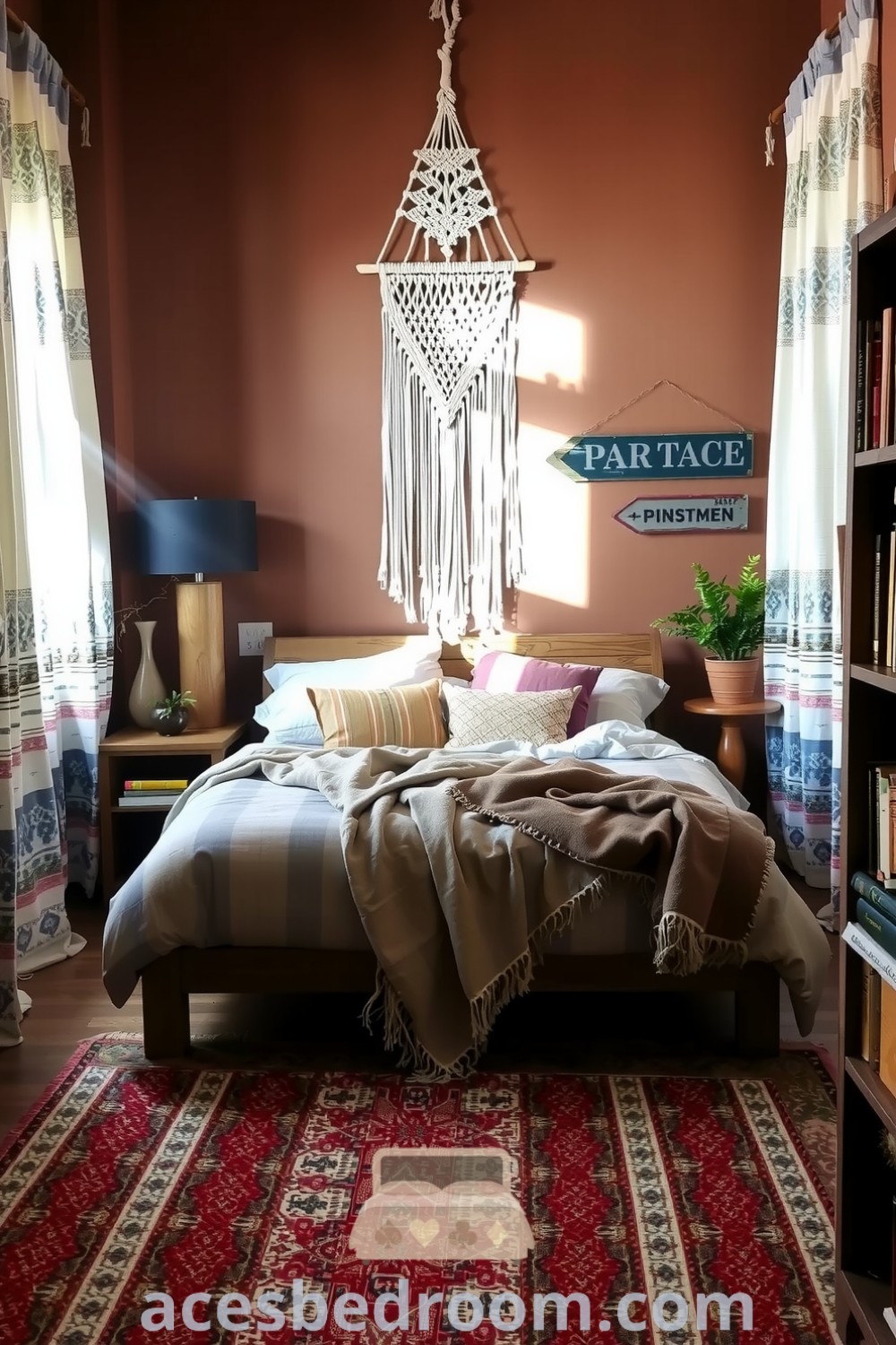 Cozy boho bedroom featuring rich brown tones, handmade macramé wall hanging, layered throws in cream and taupe, terracotta plants, and natural light through patterned curtains, ideal for a warm and sophisticated look, showcased on acesbedroom.com.