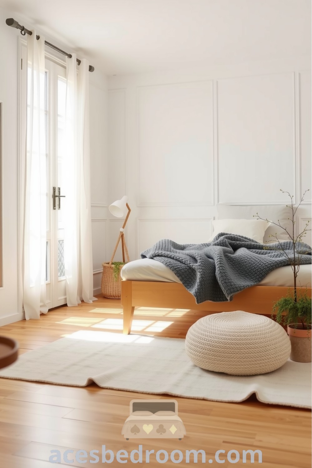 Cozy Scandinavian bedroom featuring light-toned wood floors, white walls, a minimalist honey-colored wooden bed frame, a gray woolen throw, an off-white rug, and potted greenery, presented on acesbedroom.com.