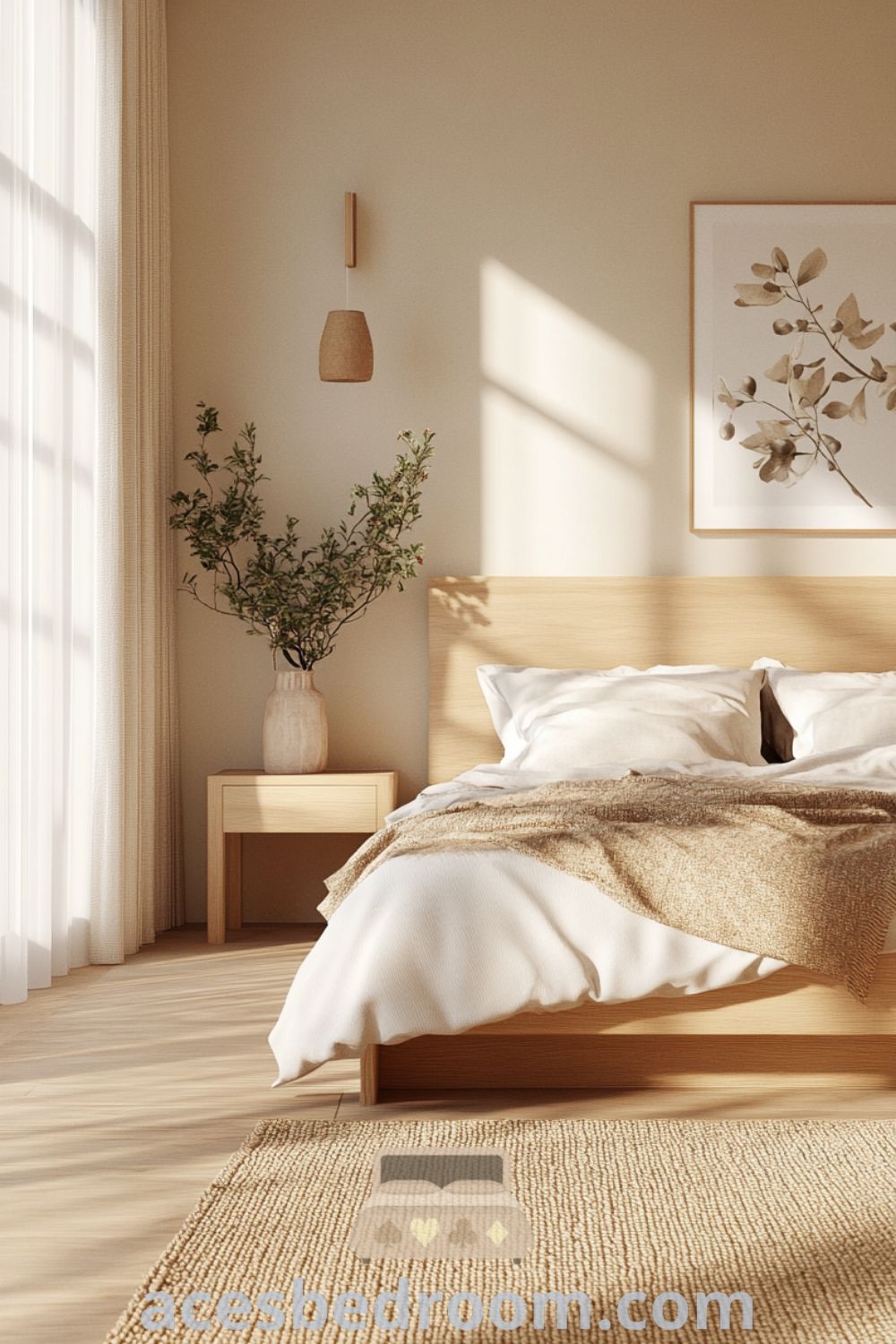 Serene minimalist bedroom design on acesbedroom.com showcasing peaceful environment, soft textures, uncluttered bedroom, and calming design ideas.