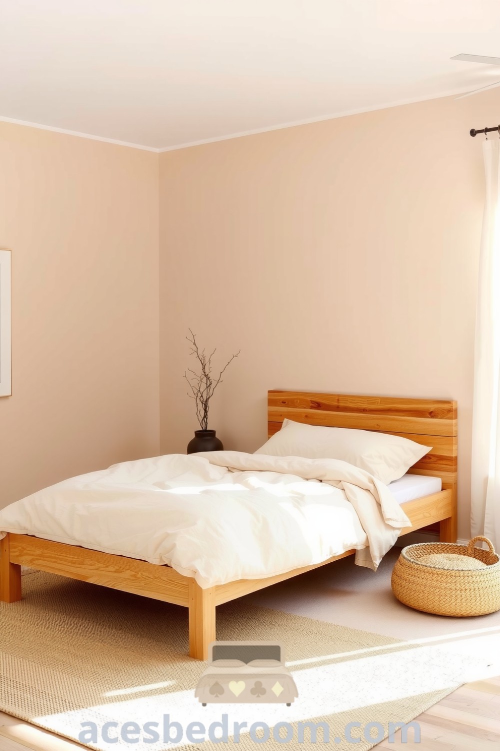 Cozy minimalist bedroom featuring warm beige tones, a simple wooden bed frame, natural linen duvet, subtle textured walls, and a potted plant, designed to create a serene and inviting space, showcased on acesbedroom.com.
