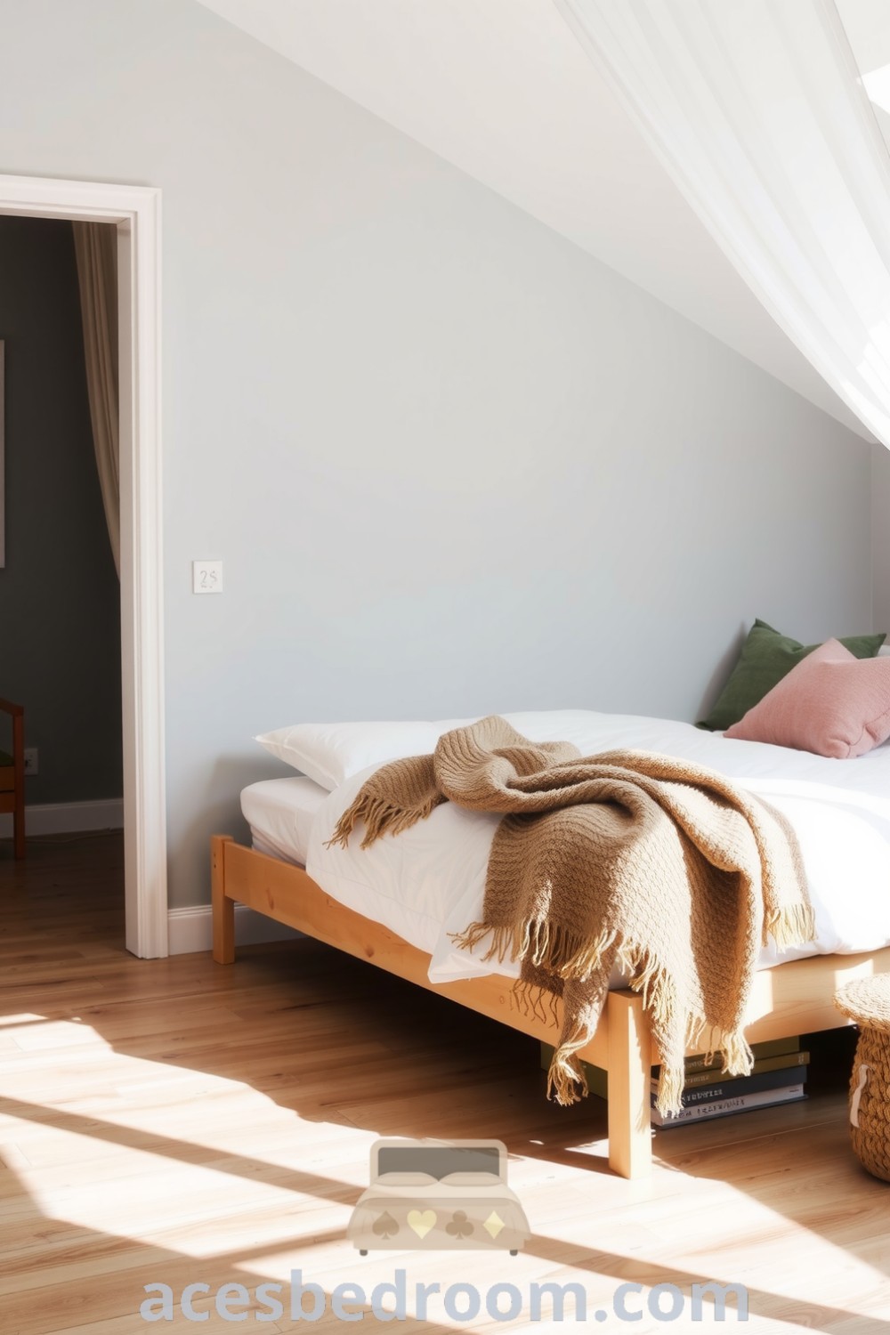 Cozy Scandinavian bedroom with soft-gray walls, light pine bed frame, crisp white duvet, and textured woolen throws, featuring sheer curtains that let in natural light, creating a serene and inviting atmosphere, showcased on acesbedroom.com.