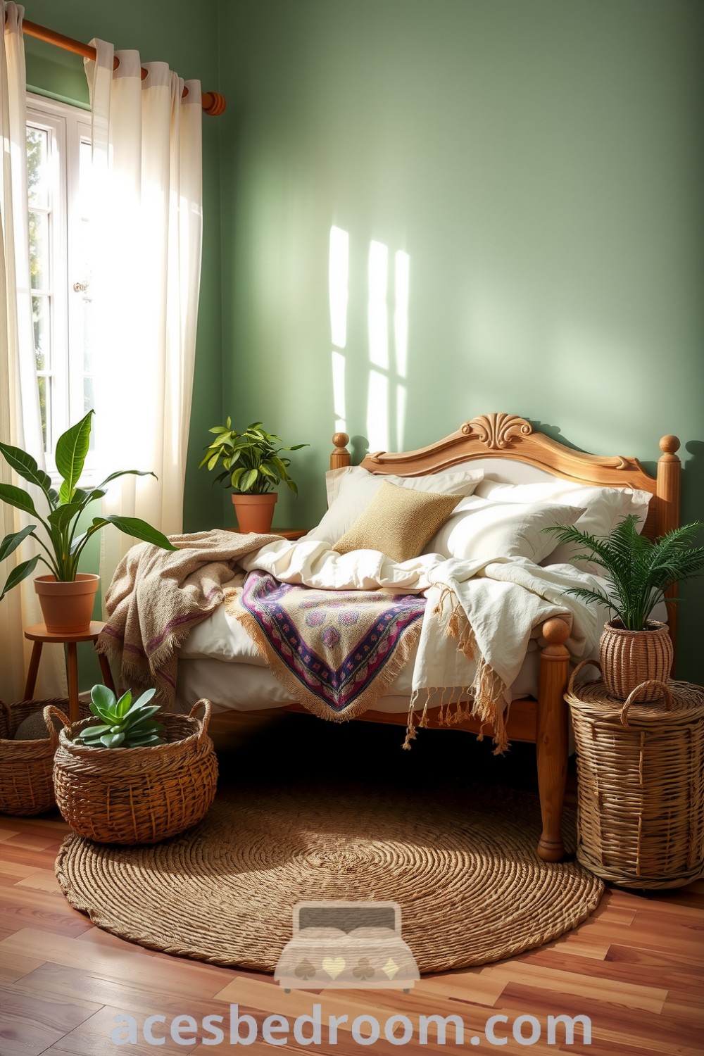 Cozy boho bedroom with sage walls, vintage furniture, driftwood bedframe adorned with various textiles, woven baskets of houseplants, and jute rug, showcasing a peaceful and inviting atmosphere, designed for relaxation and inspiration, featured on acesbedroom.com.