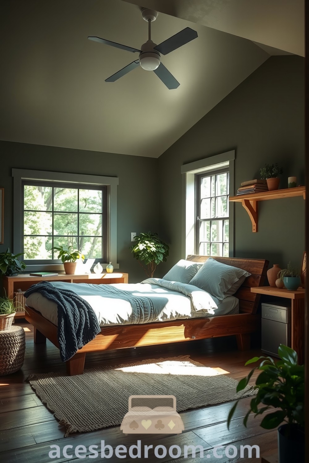 Nature-inspired bedroom with soft green hues, earthy tones, a sturdy wooden bed, organic cotton linens, large windows, potted plants, and a sisal rug, creating a serene atmosphere, featured on acesbedroom.com.