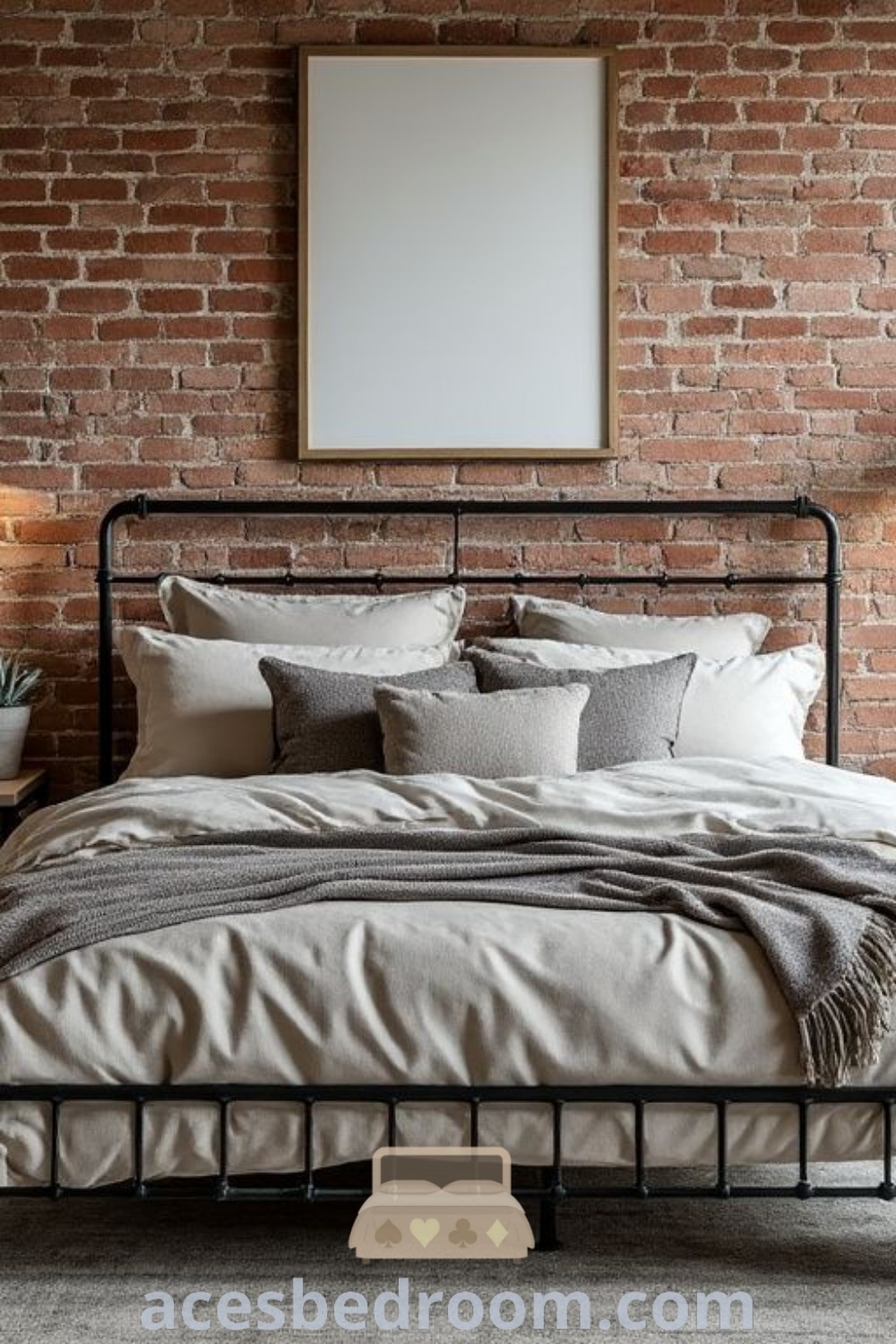 A cozy industrial bedroom with brick walls, an iron bed frame in the center, and surrounded by potted plants, showcasing stylish decor ideas and inspirations for a warm and sophisticated look. Find more unique ideas for your home at acesbedroom.com.