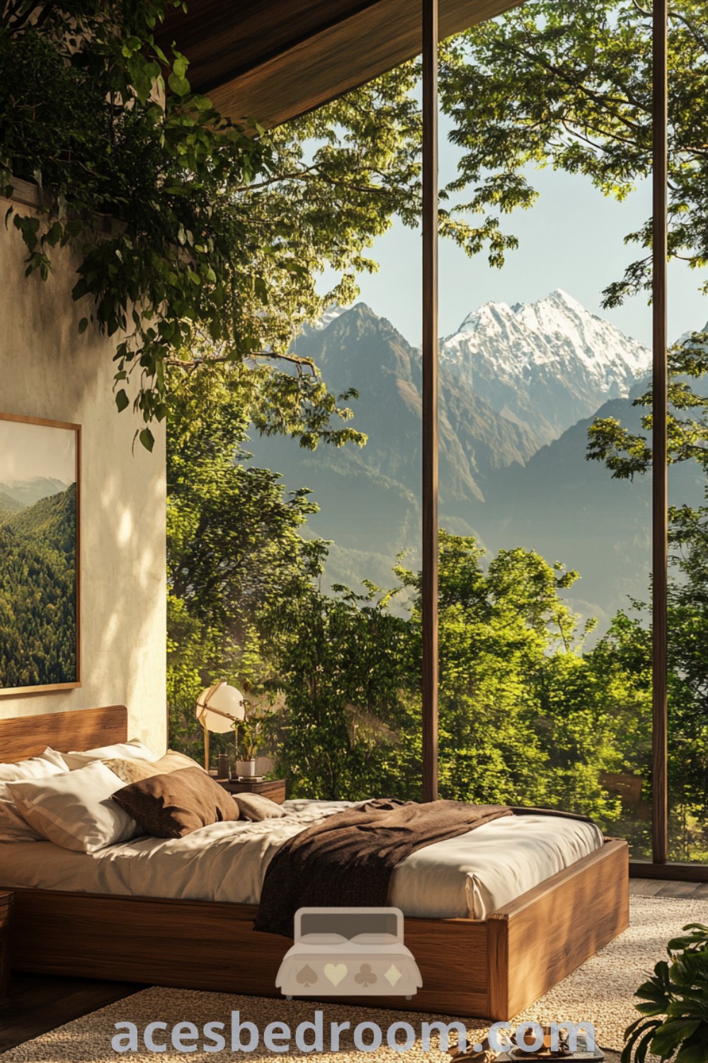 A cozy bedroom with a stunning mountain view, featuring glass house design elements and beautiful wallpaper, creating a serene and luxurious atmosphere. This space highlights decor ideas that combine comfort and style, offering unique inspirations for your home. Explore more at acesbedroom.com.