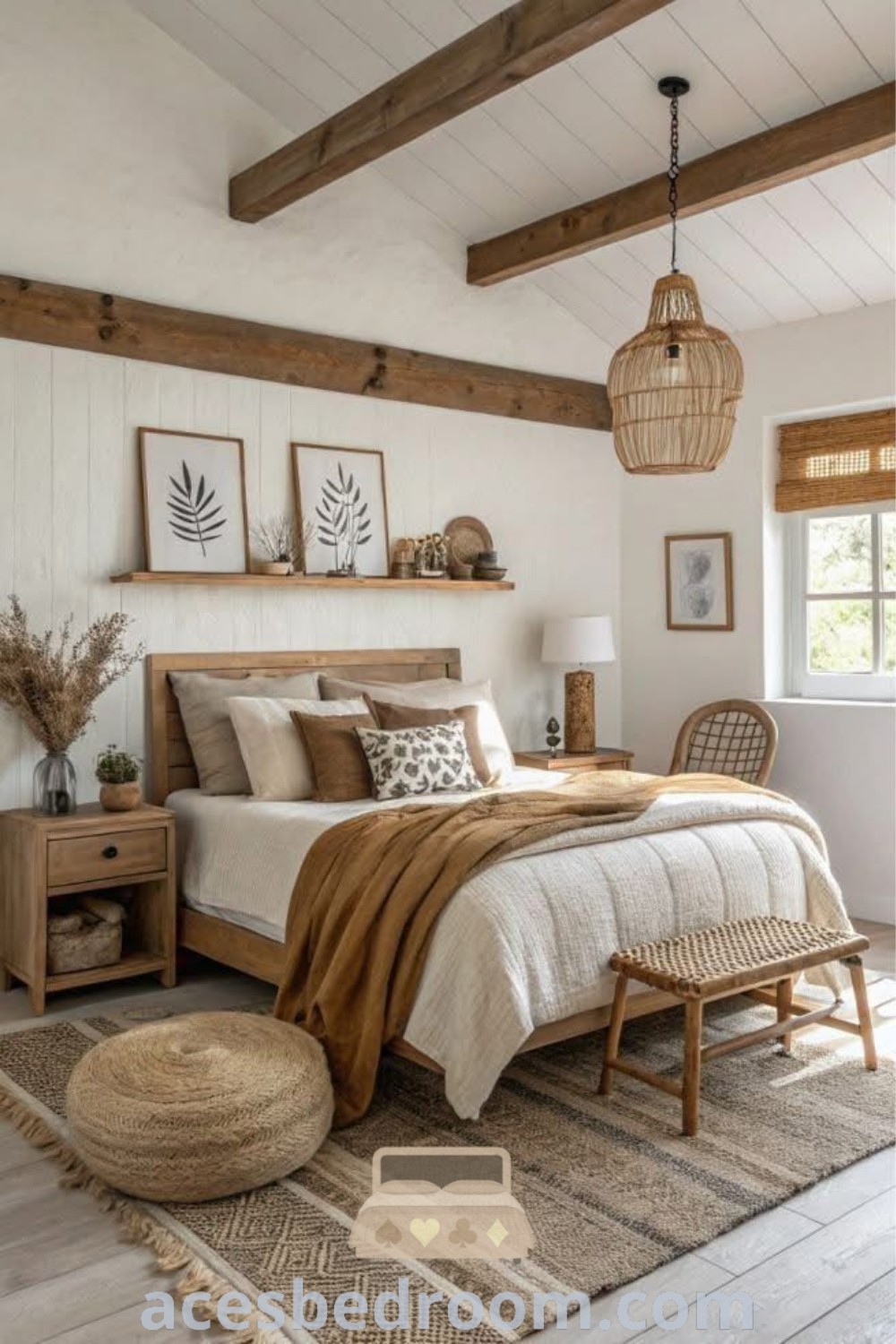 A modern boho guest bedroom with white walls, wood beams, and a cozy wood bed, showcasing inspiring decor ideas and farmhouse bedroom aesthetics. Explore more unique ideas at acesbedroom.com for stylish designs that create a warm and inviting retreat.