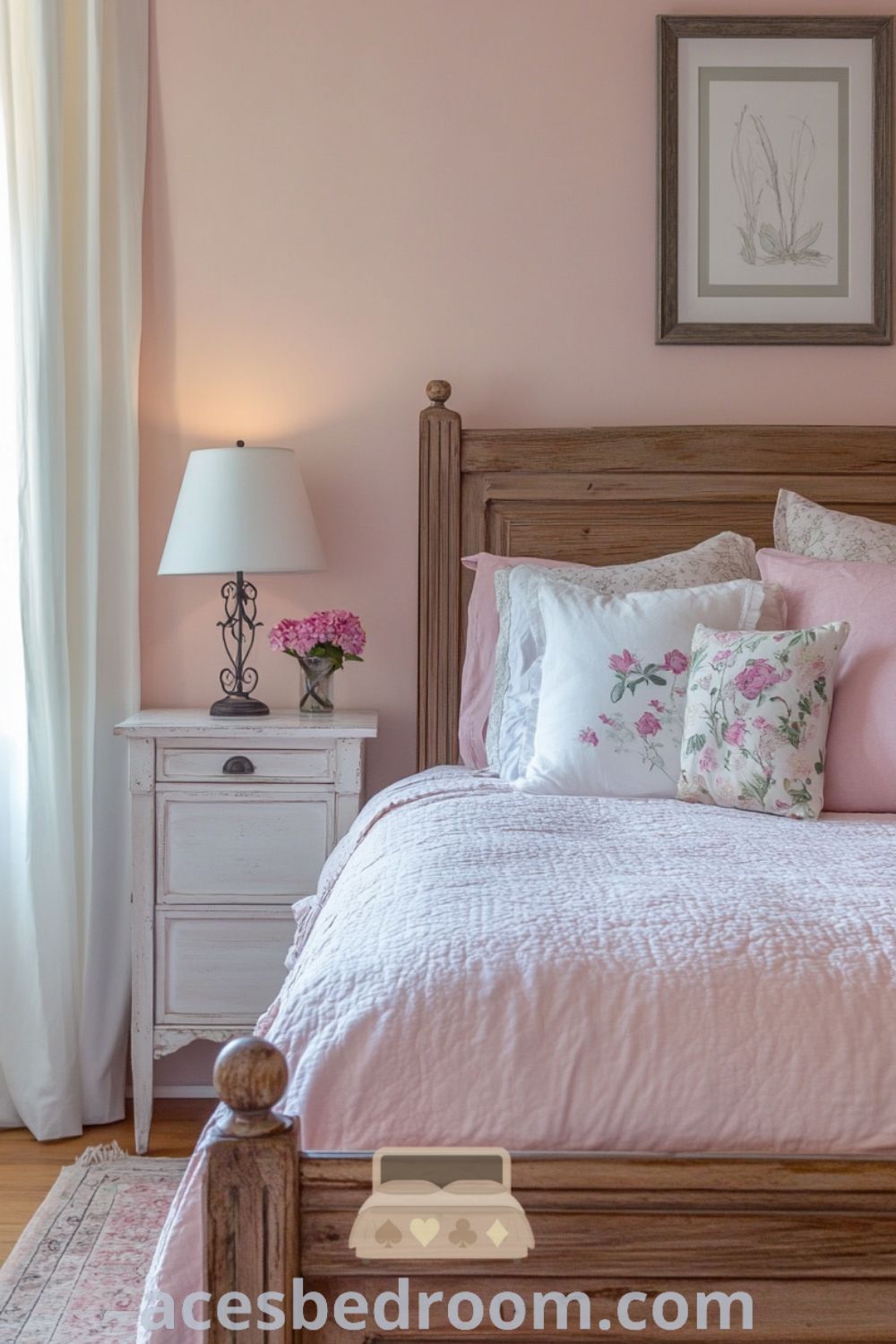 Charming French country bedroom with soft pink walls, a rustic wooden bed frame, plush light pink duvet, floral pillows, wrought iron lamp, and sheer curtains, designed for a cozy aesthetic and inviting atmosphere, featured on acesbedroom.com.