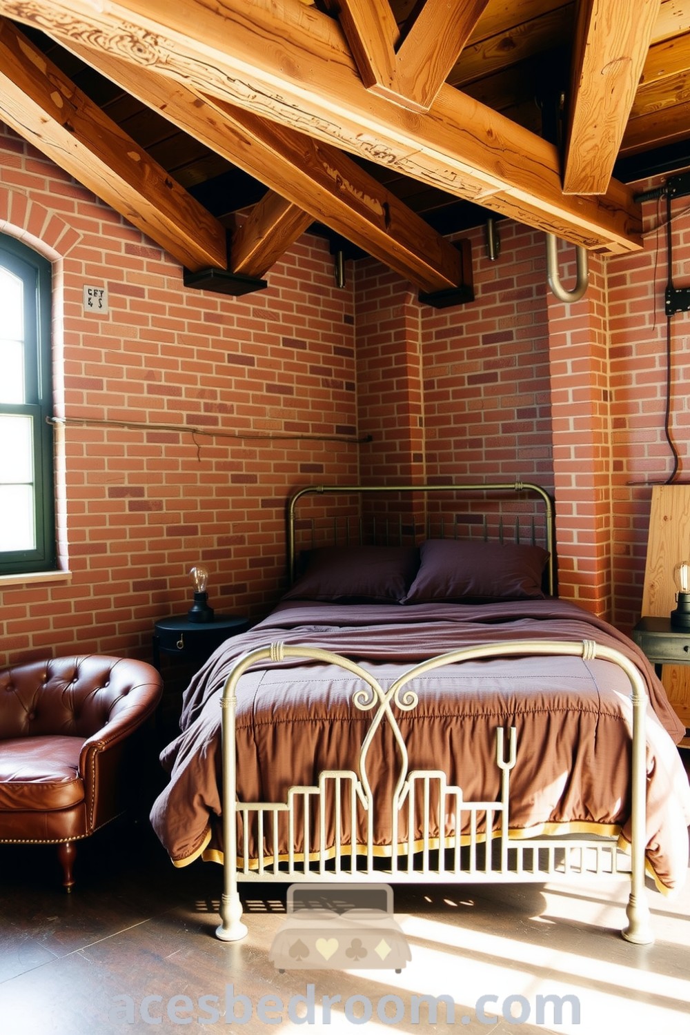 Cozy industrial bedroom featuring warm browns, exposed brick walls, wooden beams, a metal bed frame, and a leather armchair, providing stylish decor inspiration for a warm and sophisticated look, showcased on acesbedroom.com.