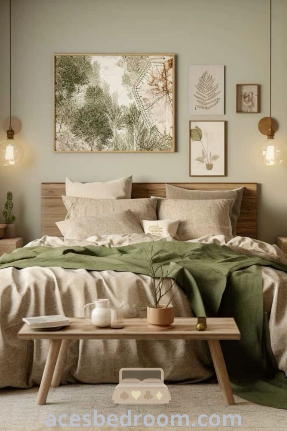 A cozy bedroom featuring earthy tones, a low bed, decorative table, and nature-inspired art on the walls. This space blends aesthetic boho decor with natural bedroom inspirations, providing unique design ideas for a stylish and calming retreat. Explore more ideas at acesbedroom.com.