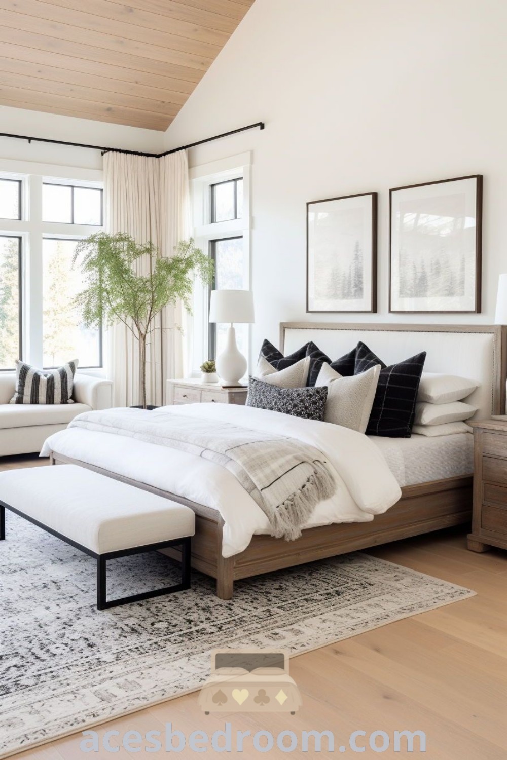 A large white bed in a minimalist bedroom with plenty of windows, showcasing a serene design that offers cozy ideas and inspiring decor inspirations for a tranquil master room. This stylish space reflects ideas for a warm and sophisticated look, perfect for bedroom redo and refreshing your retreat. Explore more design ideas at acesbedroom.com.