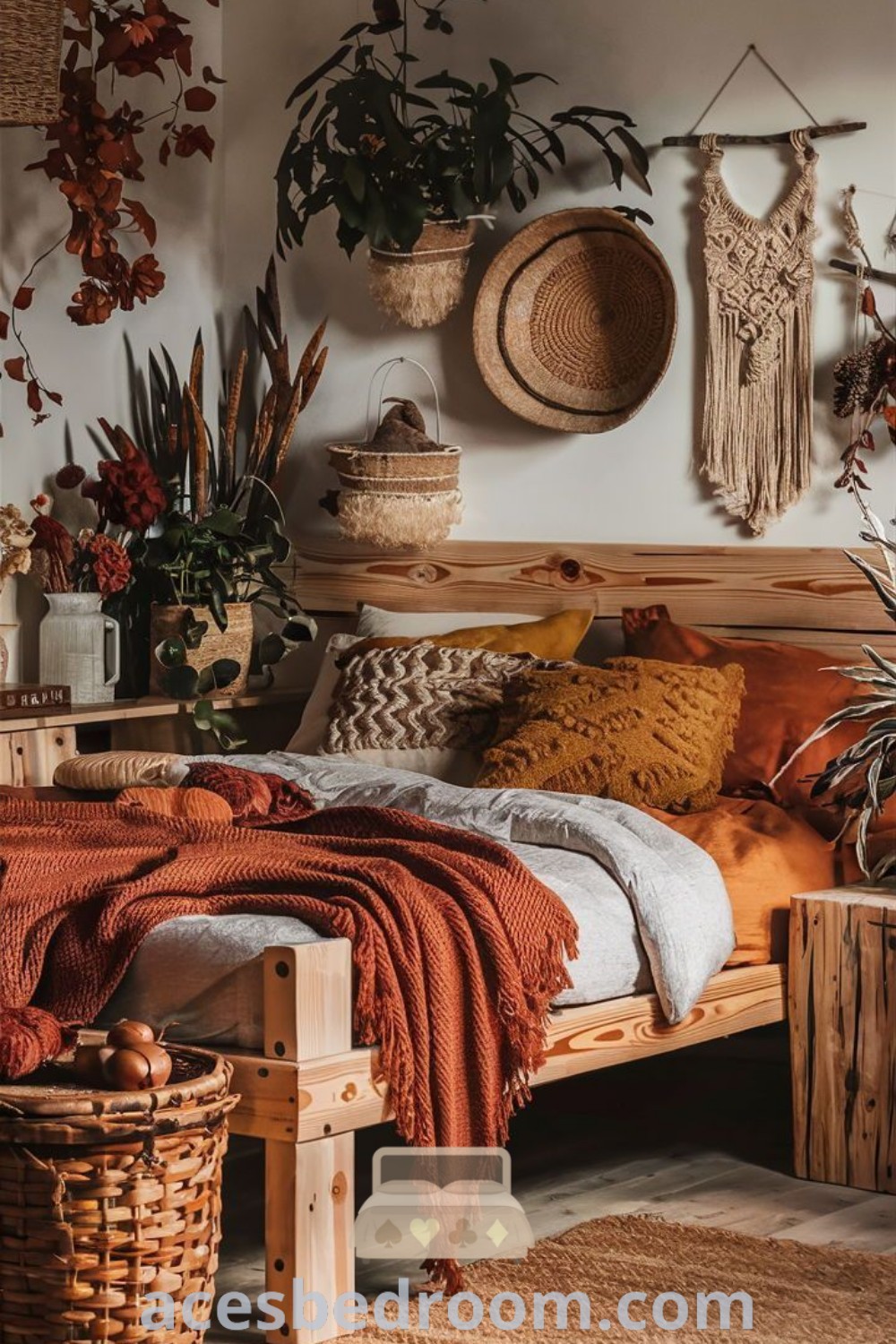 A cozy autumnal bedroom with a bed, lush plants, and wicker baskets, showcasing boho autumn decor and fall bedroom aesthetic elements. This serene space offers inspiring autumn interior design ideas for a warm and inviting atmosphere. Discover more decor ideas at acesbedroom.com.