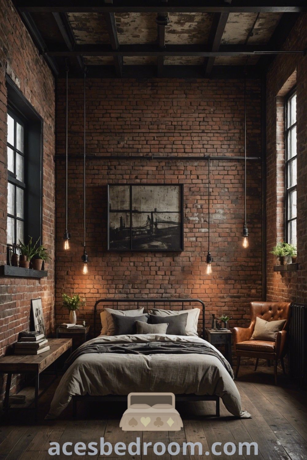 An industrial bedroom featuring a brick accent wall, wooden floors, exposed lighting, a large bed, and two armchairs on either side. This cozy and stylish space reflects rustic industrial bedroom design ideas, offering unique decor inspirations for a warm and sophisticated look. Explore more at acesbedroom.com.