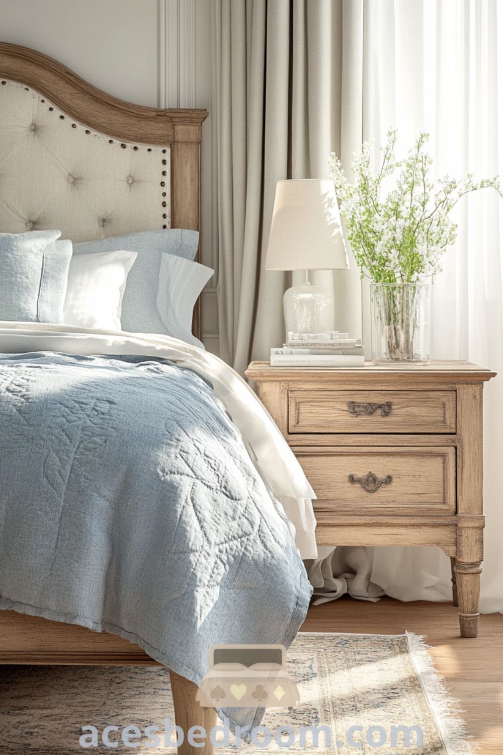 Cozy French country bedroom featuring soft blue hues, weathered wood accents, textured linen bedding, and gentle sunlight filtering through curtains, creating a serene atmosphere, showcased on acesbedroom.com.