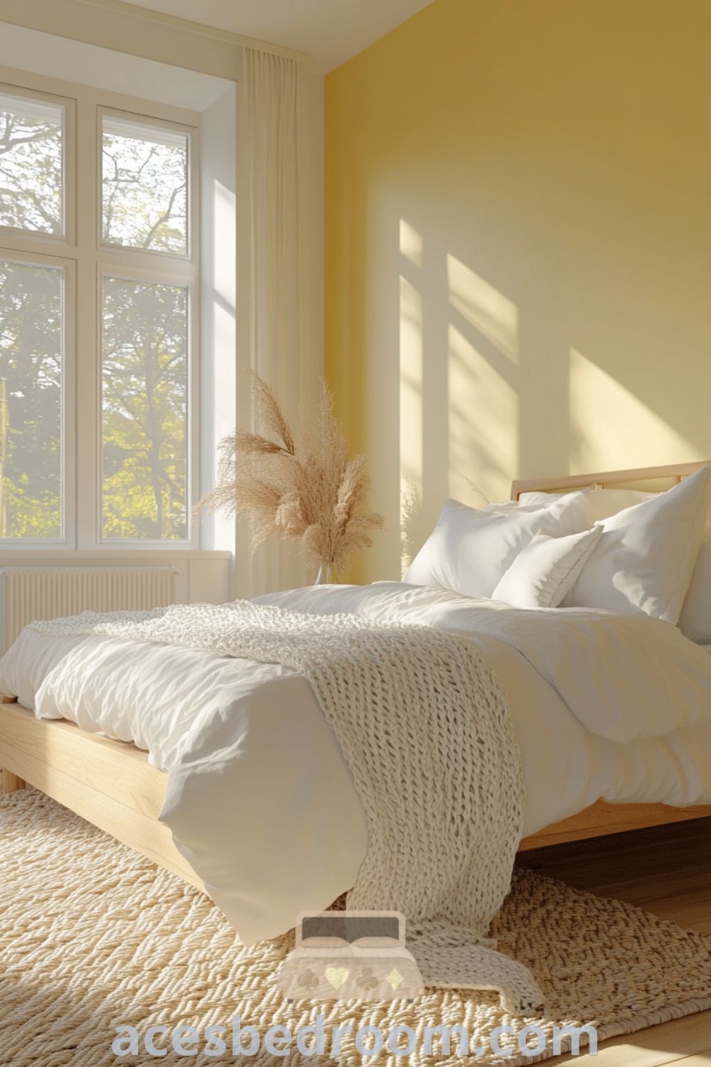 Cozy Scandinavian bedroom with soft yellow walls, light wood flooring, a wooden bed with white bedding, and knitted throws, infused with natural light and featuring a handwoven rug for a warm, inviting atmosphere, presented on acesbedroom.com.